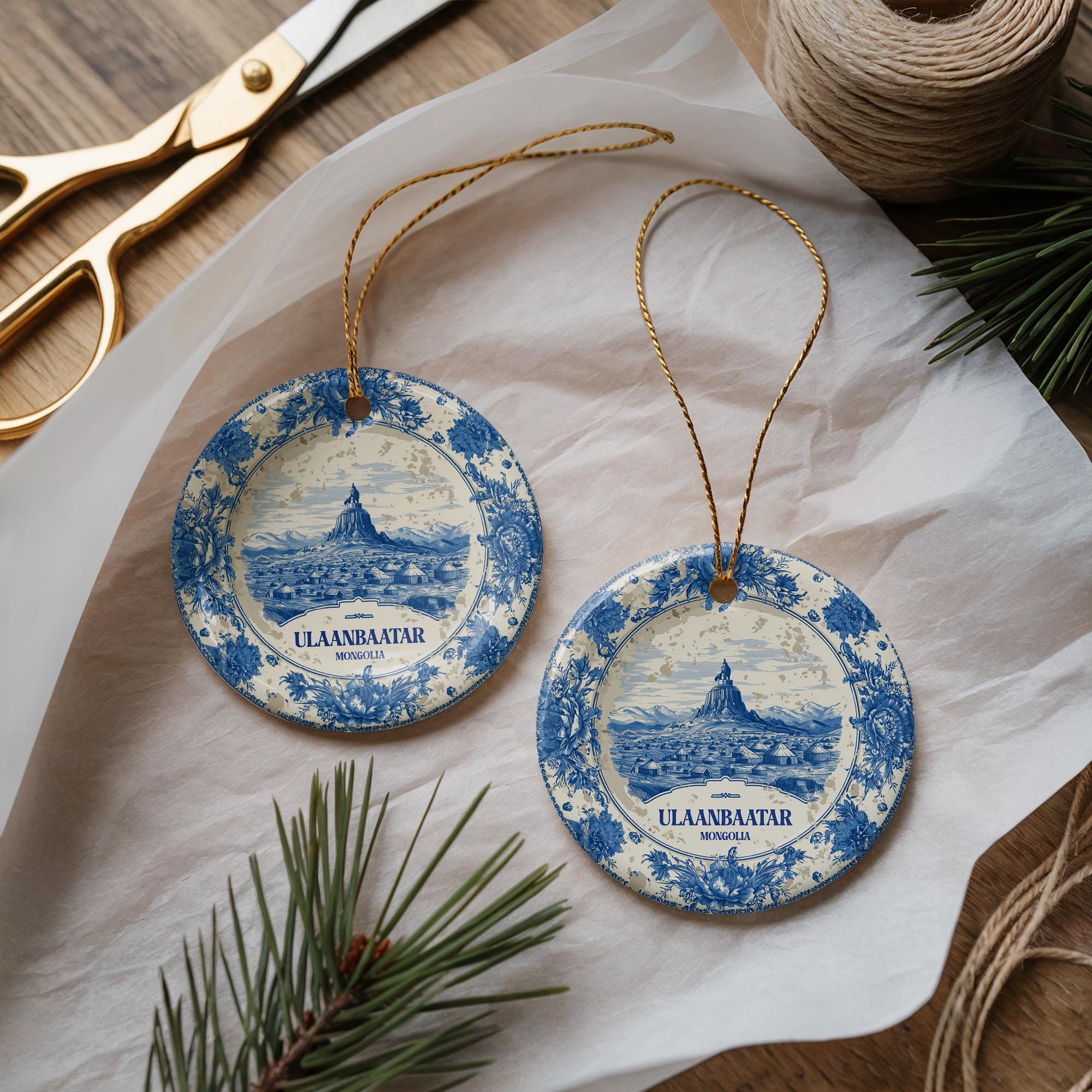 Custom Ulaanbaatar Mongolia Ceramic Delft Ornament, Christmas Delftware Blue Delftware city travel