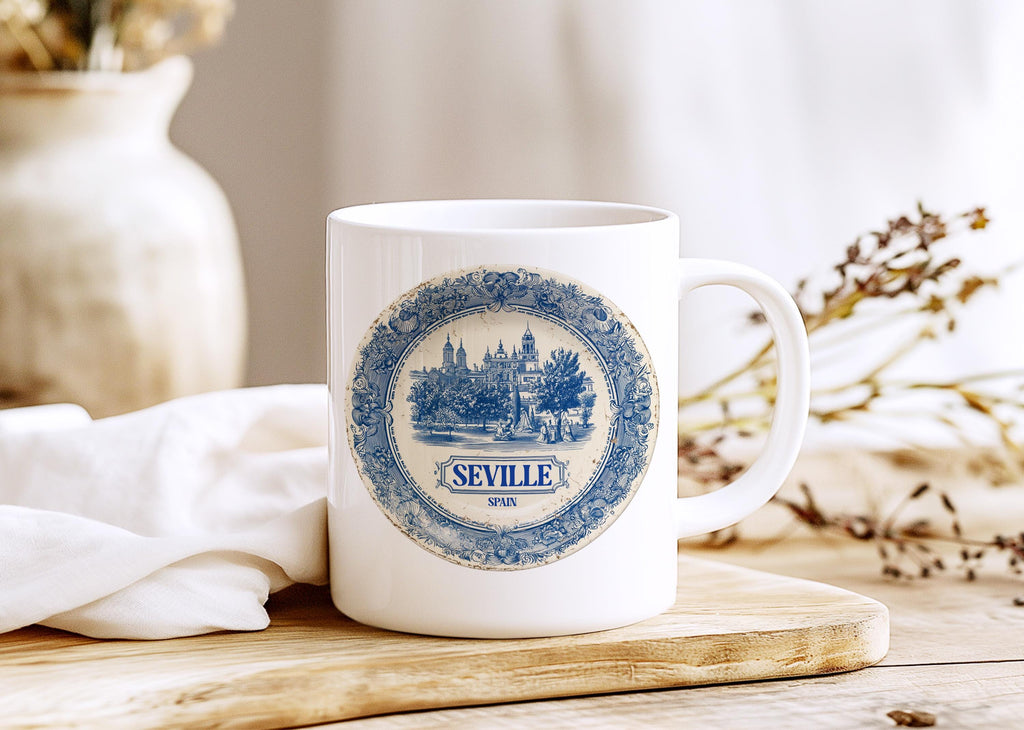 Seville Spain Mug, Custom Delft Style cup, Personalized Vintage Travel City Gift
