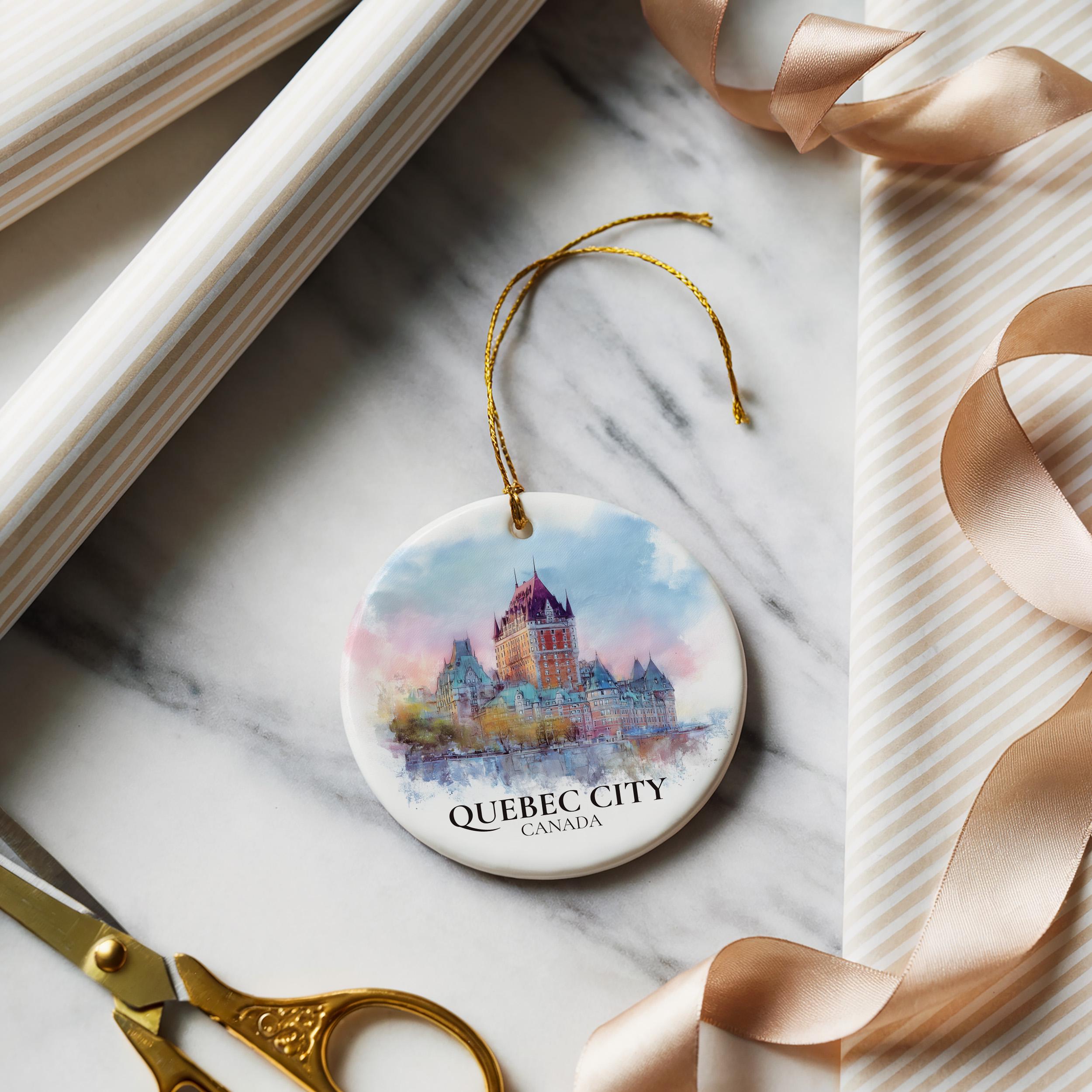 Quebec City Canada Personalized Watercolor Ornament, Custom Ceramic Christmas gift, Travel Keepsake
