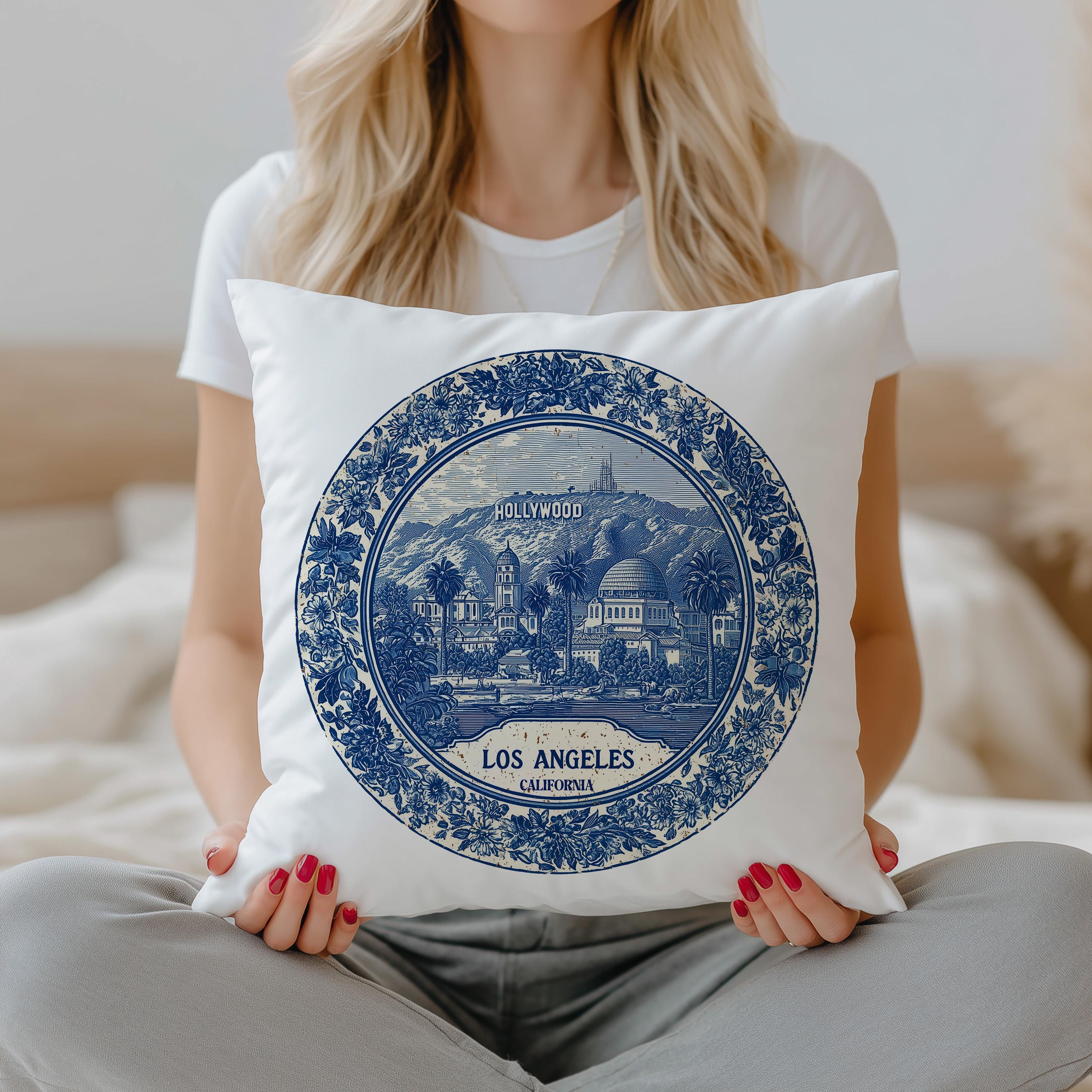 Los Angeles California Pillowcase, Delft Style Decorative Throw Pillow, Vintage Cityscape Retro Home Decor