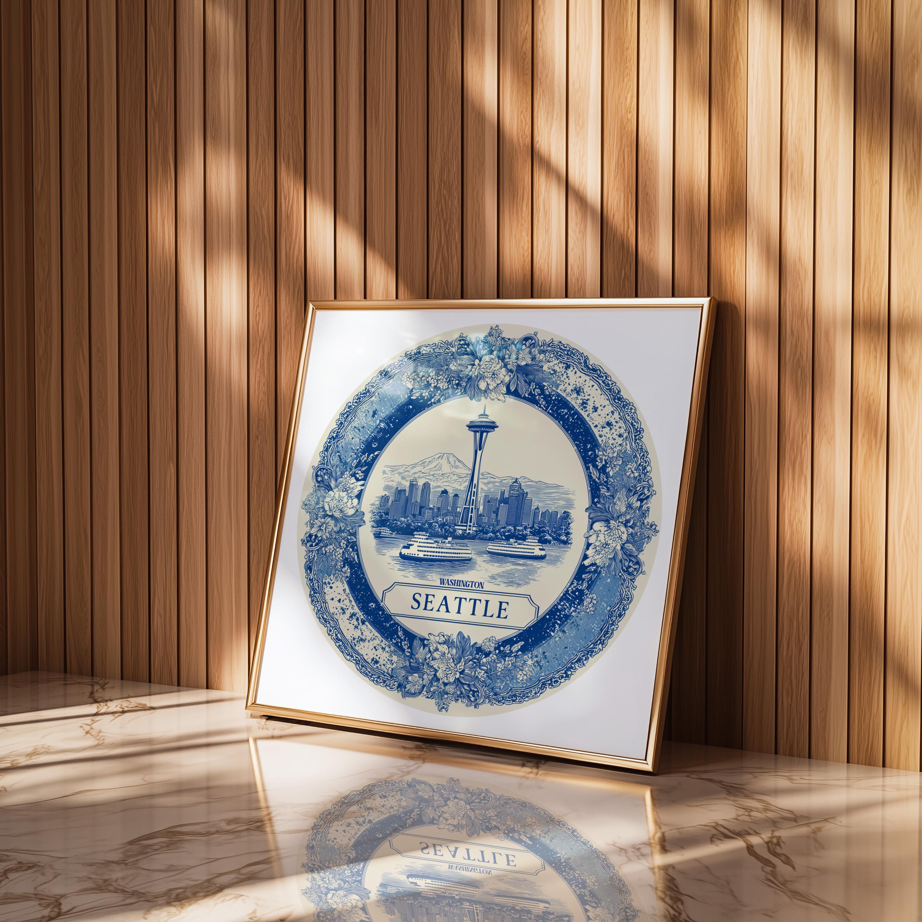 Seattle Washington Wall Art, Vintage Delft Blue Poster, City Print, Travel Home Decor