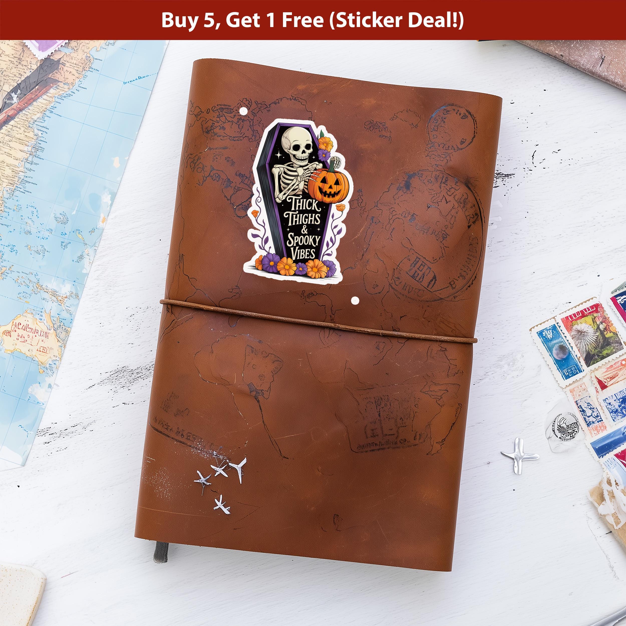 Thick Thighs & Spooky Vibes Sticker, Halloween Spooky Kiss-Cut Vinyl, Skeleton Waterproof Decal