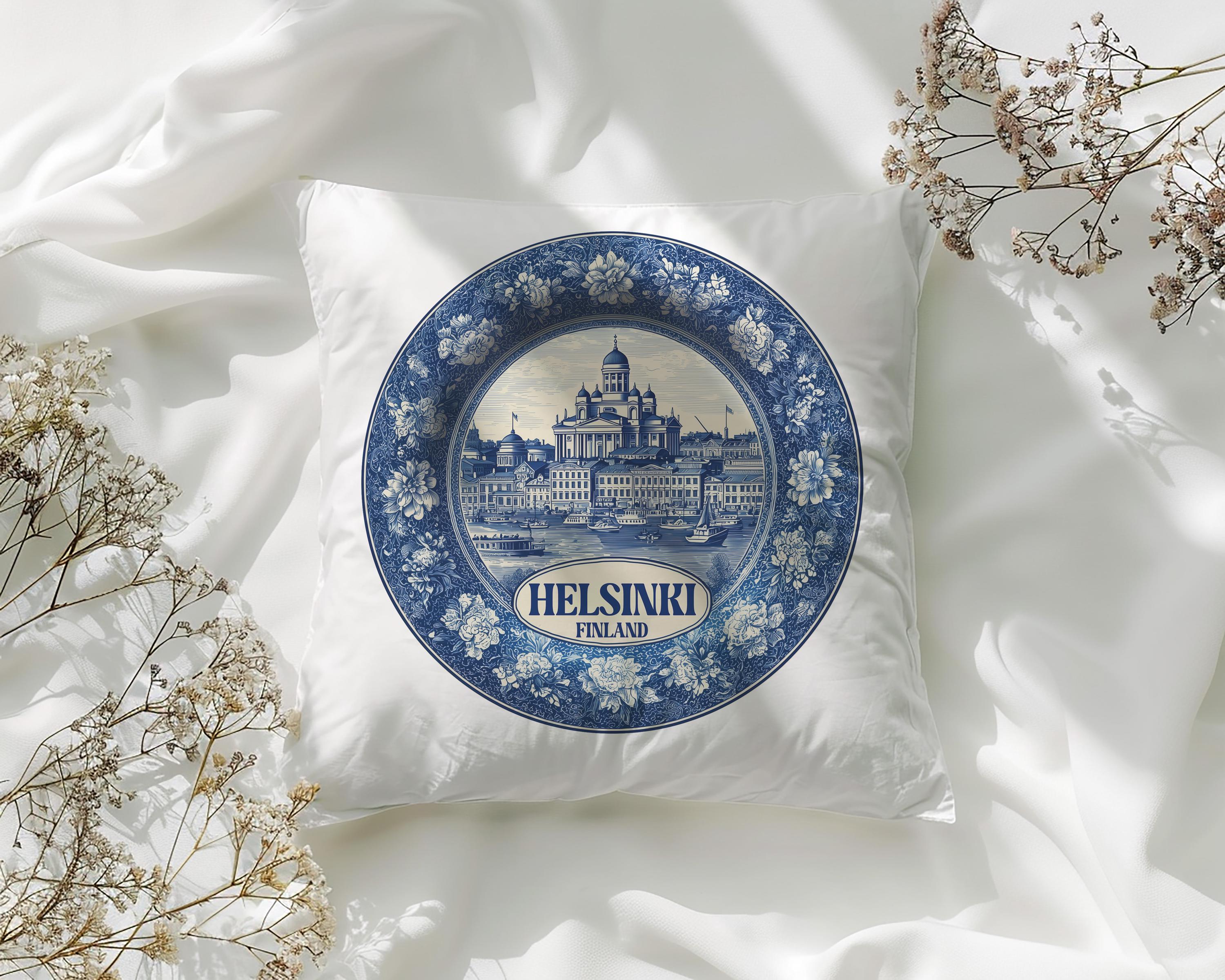 Helsinki Finland Pillowcase, Delft Style Decorative Throw Pillow, Vintage Cityscape Retro Home Decor
