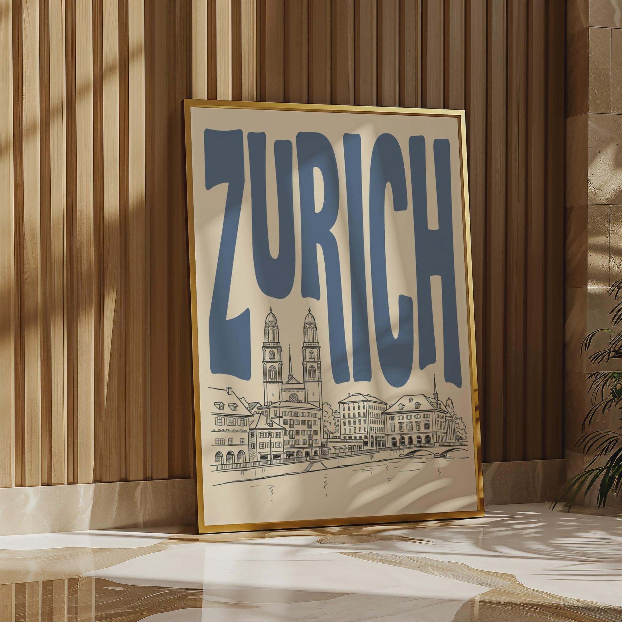 Zurich Skyline Wall Art, Framed Canvas Print, Switzerland Travel Poster