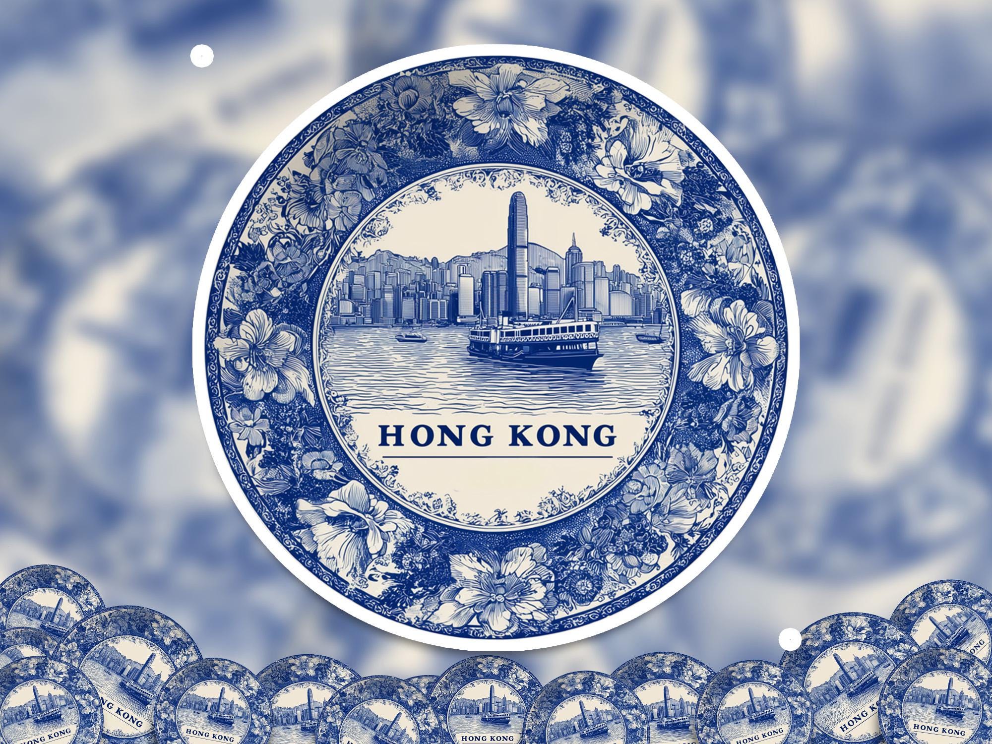 Hong Kong Sticker Vintage Delft style, Delftware Decal Waterproof Vinyl, Blue City Travel