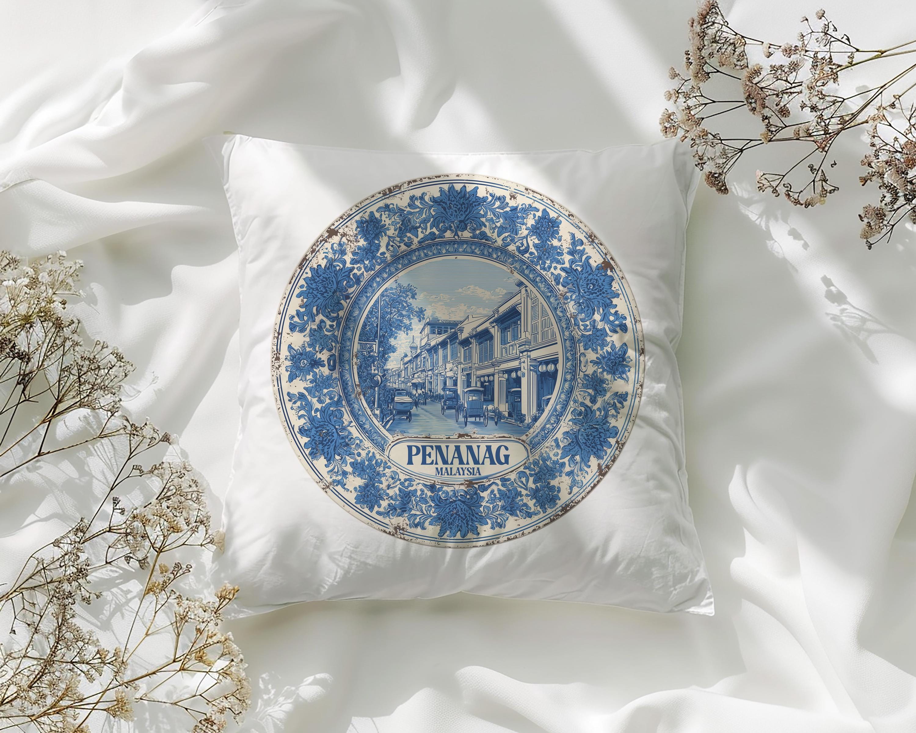 Penang Malaysia Pillowcase, Delft Style Decorative Throw Pillow, Vintage Cityscape Retro Home Decor