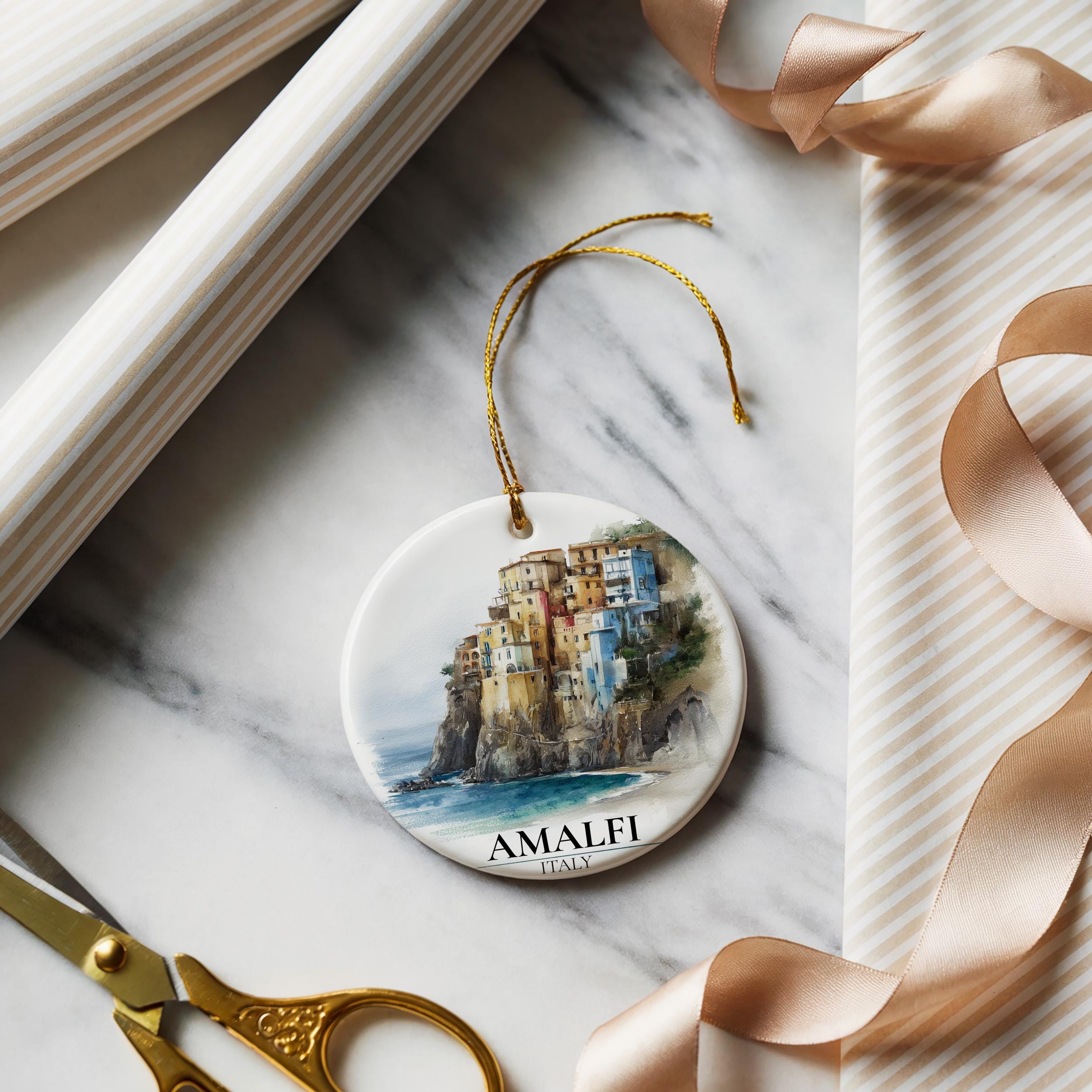 Amalfi Coast Italy Custom Watercolor Ornament, Personalized Ceramic Christmas gift, Travel Keepsake