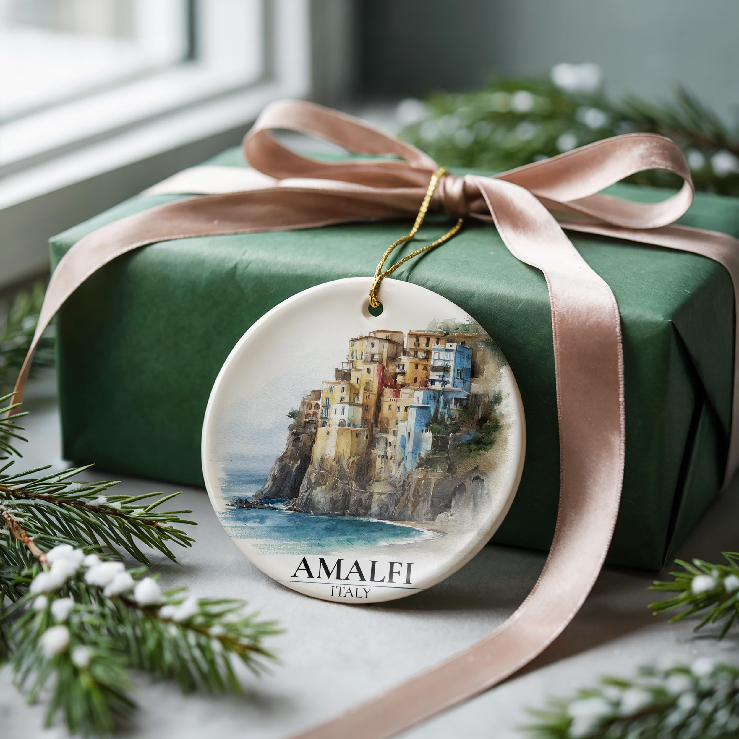 Amalfi Coast Italy Custom Watercolor Ornament, Personalized Ceramic Christmas gift, Travel Keepsake