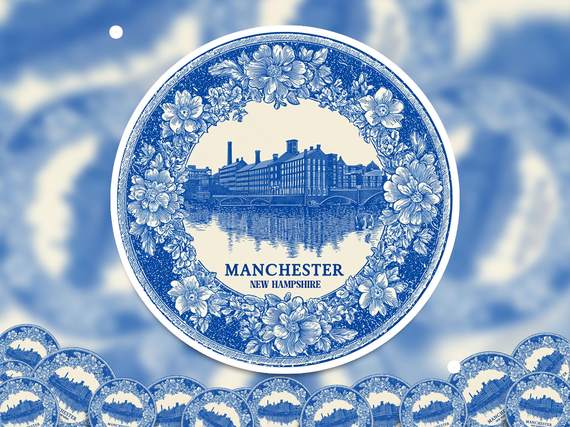 Manchester New Hampshire Sticker Vintage Delft style, Delftware Decal Waterproof Vinyl, Blue City Travel