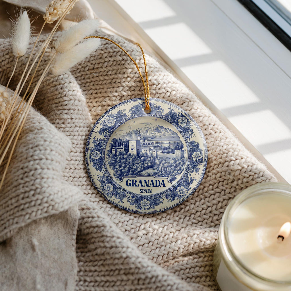 Custom Granada Spain Ceramic Delft Ornament, Christmas Delftware Blue Delftware city travel