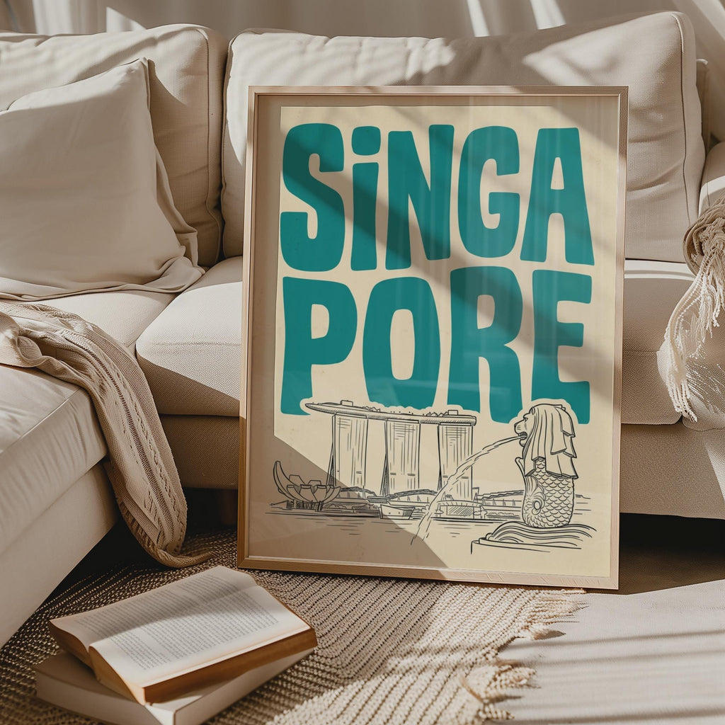 Singapore Skyline Wall Art, Retro Travel Print, Framed Canvas