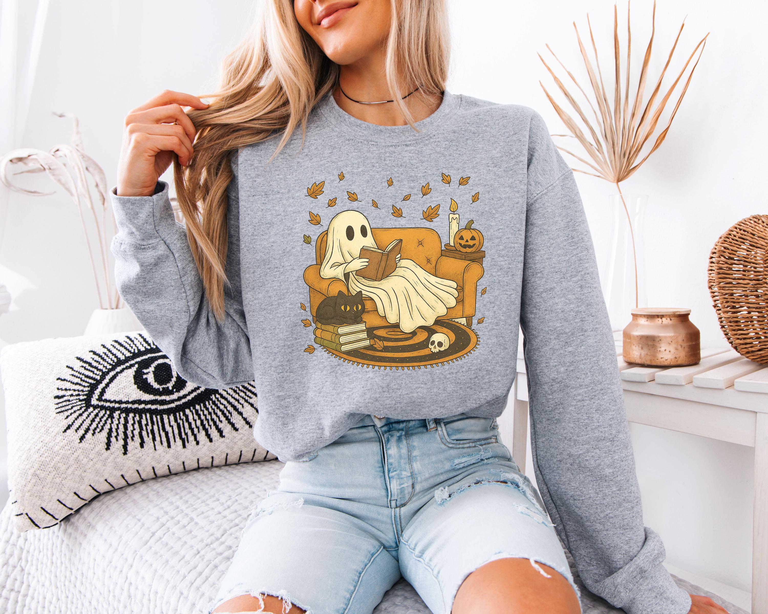 Ghost Book Reader Halloween Sweatshirt: Cozy Spooky Season Gift for book lovers