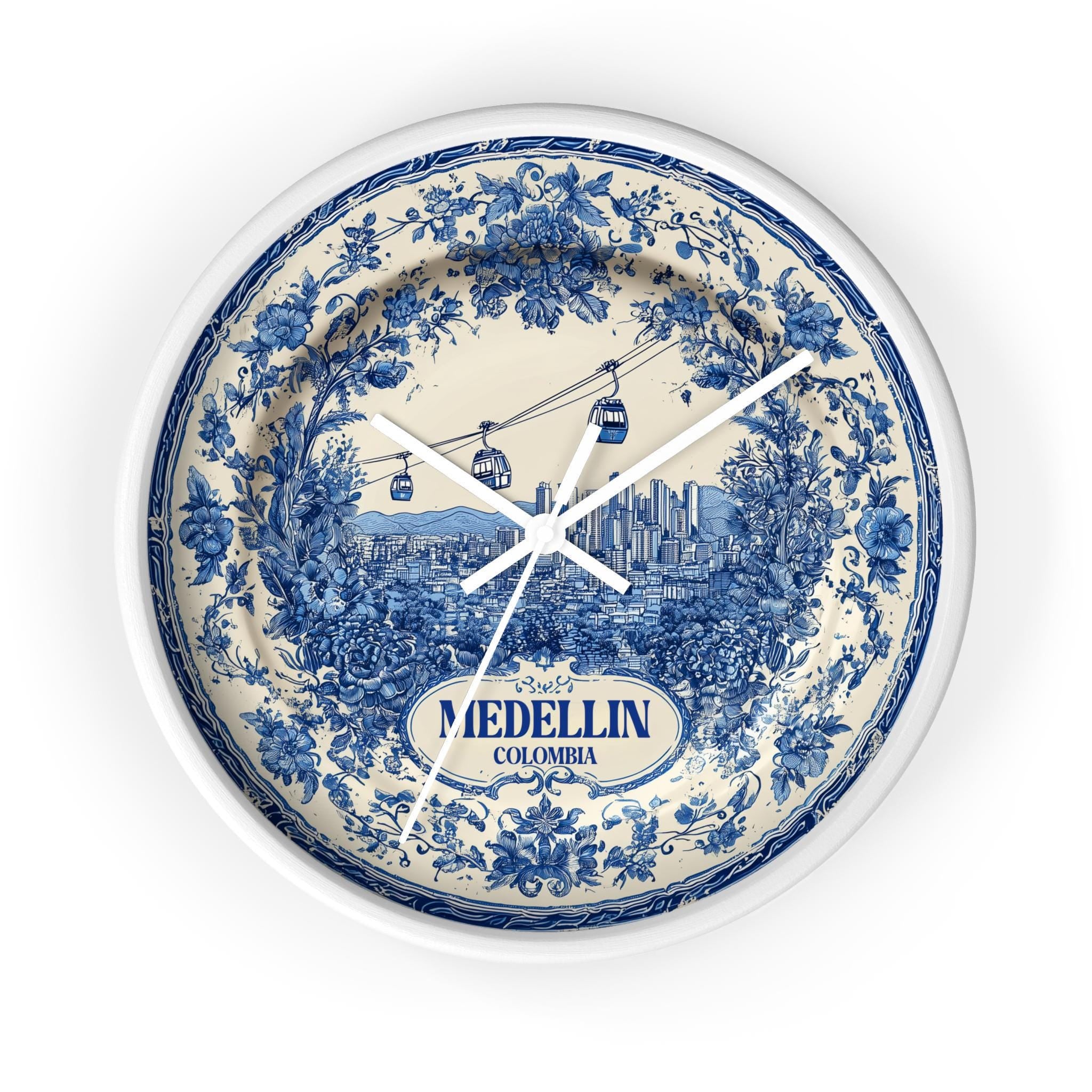 Medellin Colombia Wall Clock, Delf style Home Decor, Vintage City Travel Keepsake Art