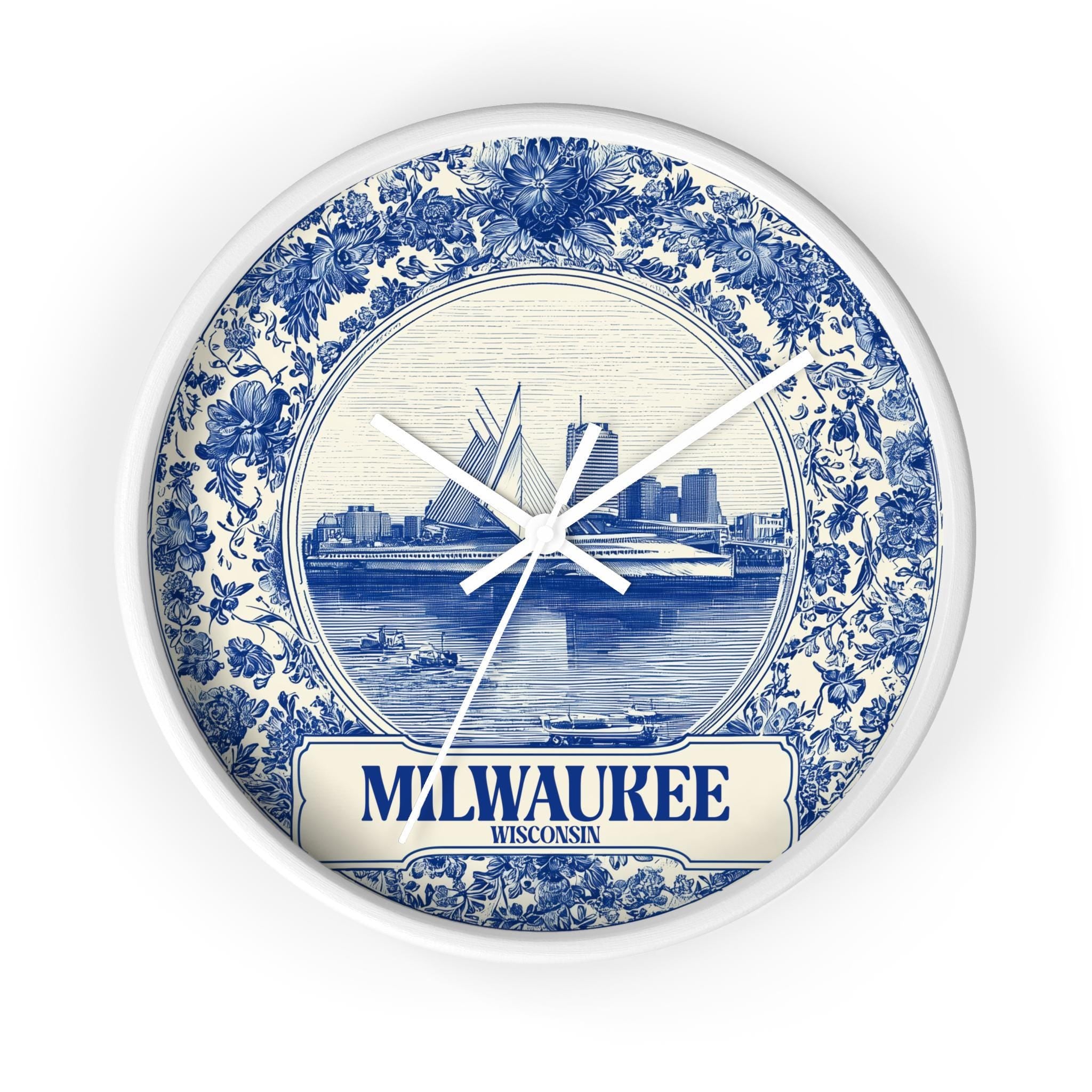 Milwaukee Wisconsin Wall Clock, Delf style Home Decor, Vintage City Travel Keepsake Art