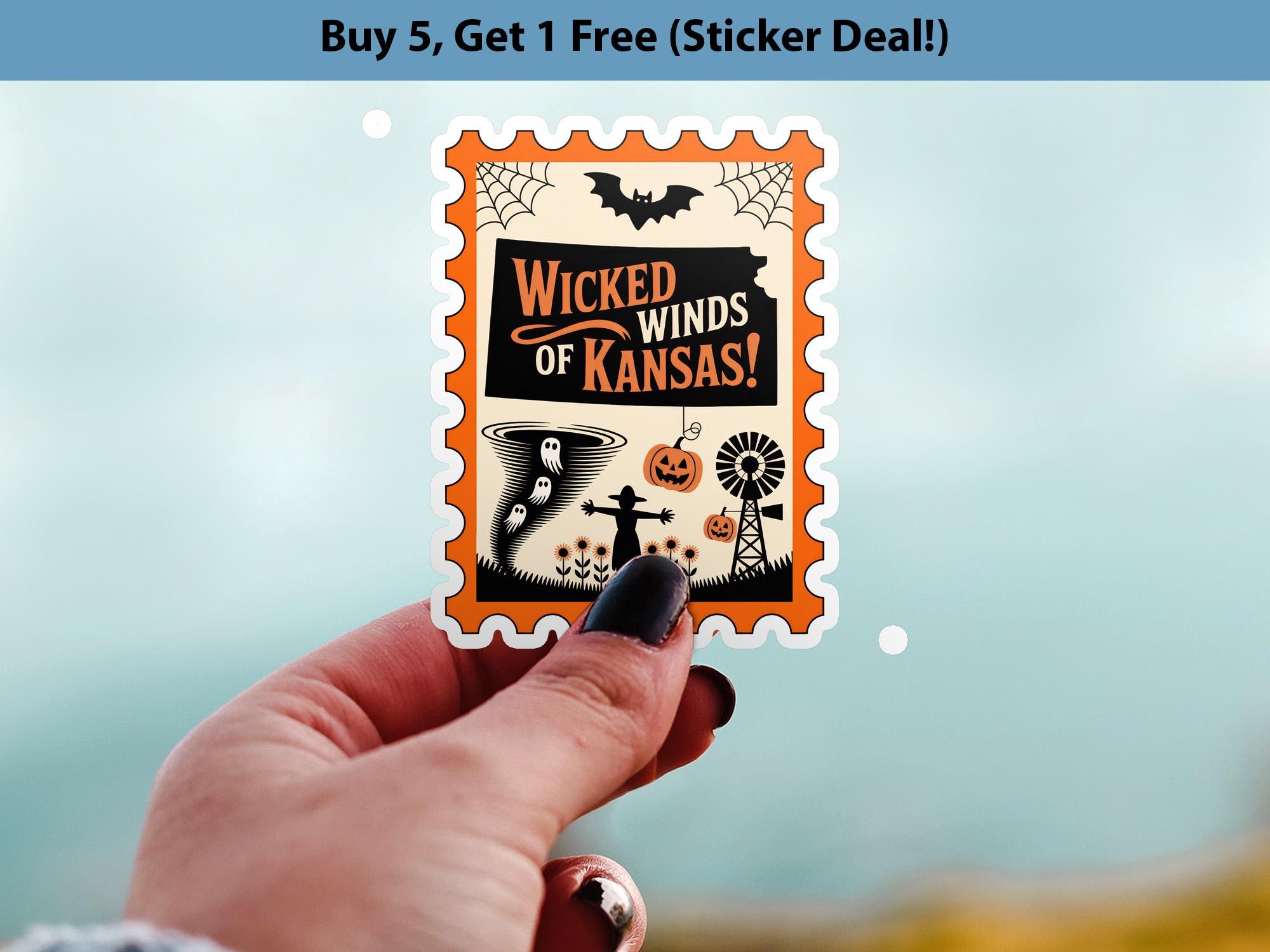 Kansas Stamp Halloween Sticker, Spooky USA Kiss-Cut Vinyl, Waterproof Decal, United States Travel
