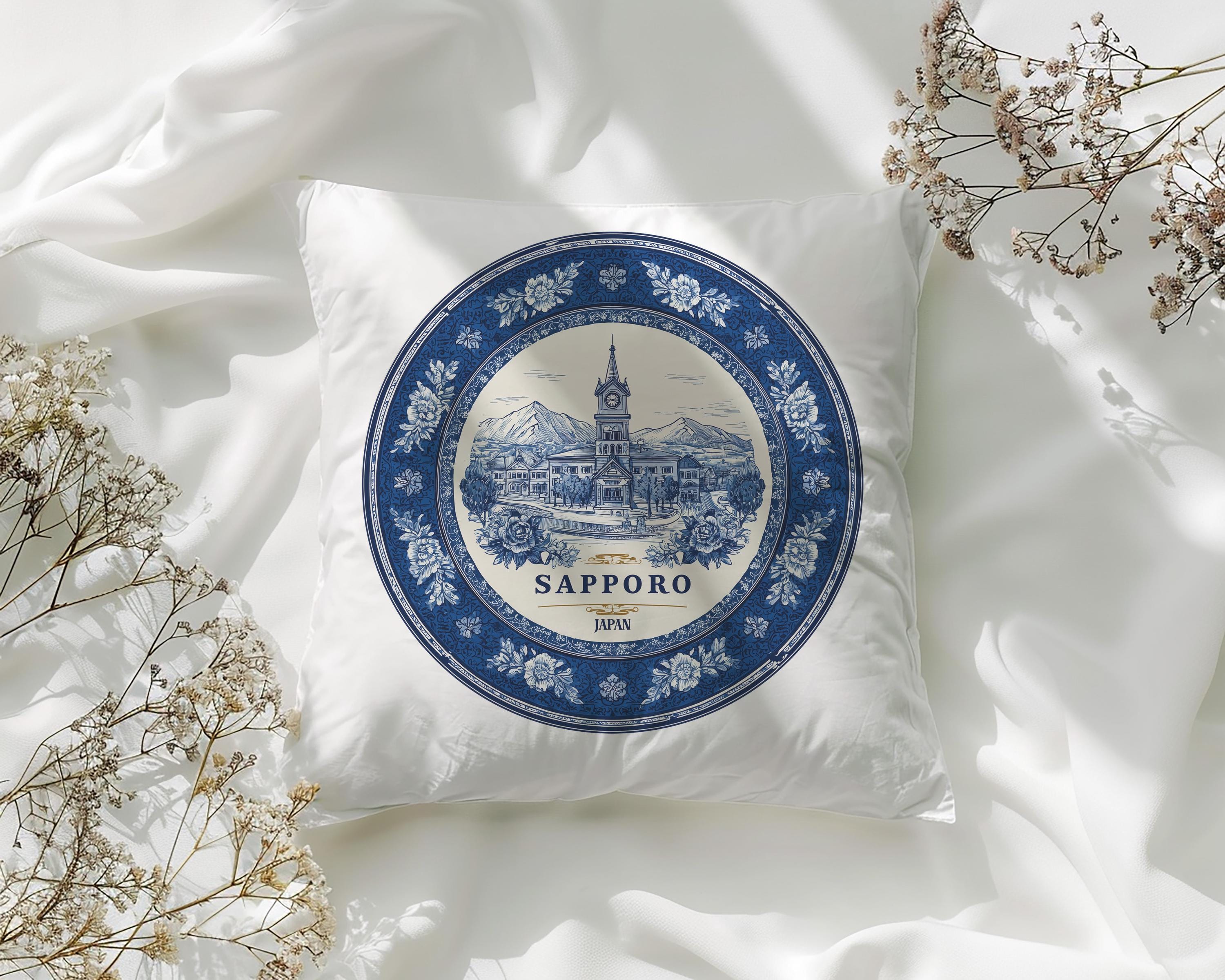 Sapporo Japan Pillowcase, Delft Style Decorative Throw Pillow, Vintage Cityscape Retro Home Decor
