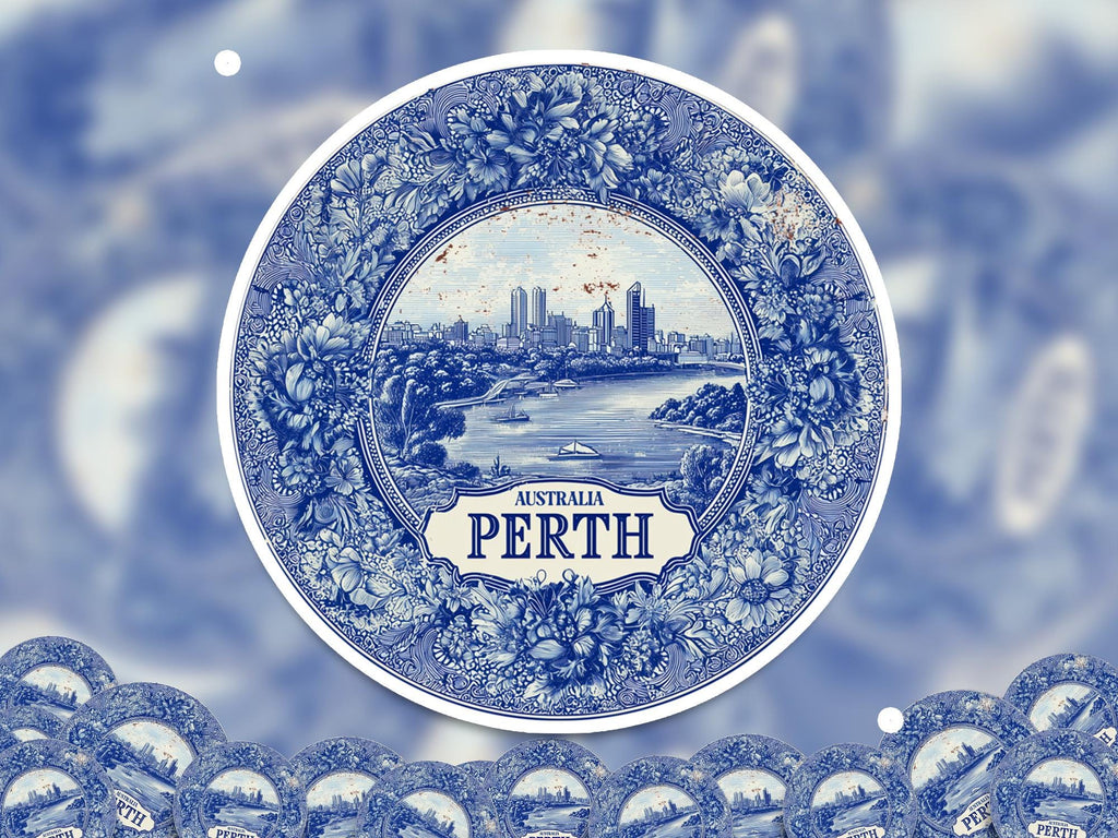 Perth Australia Sticker Vintage Delft style, Delftware Decal Waterproof Vinyl, Blue City Travel