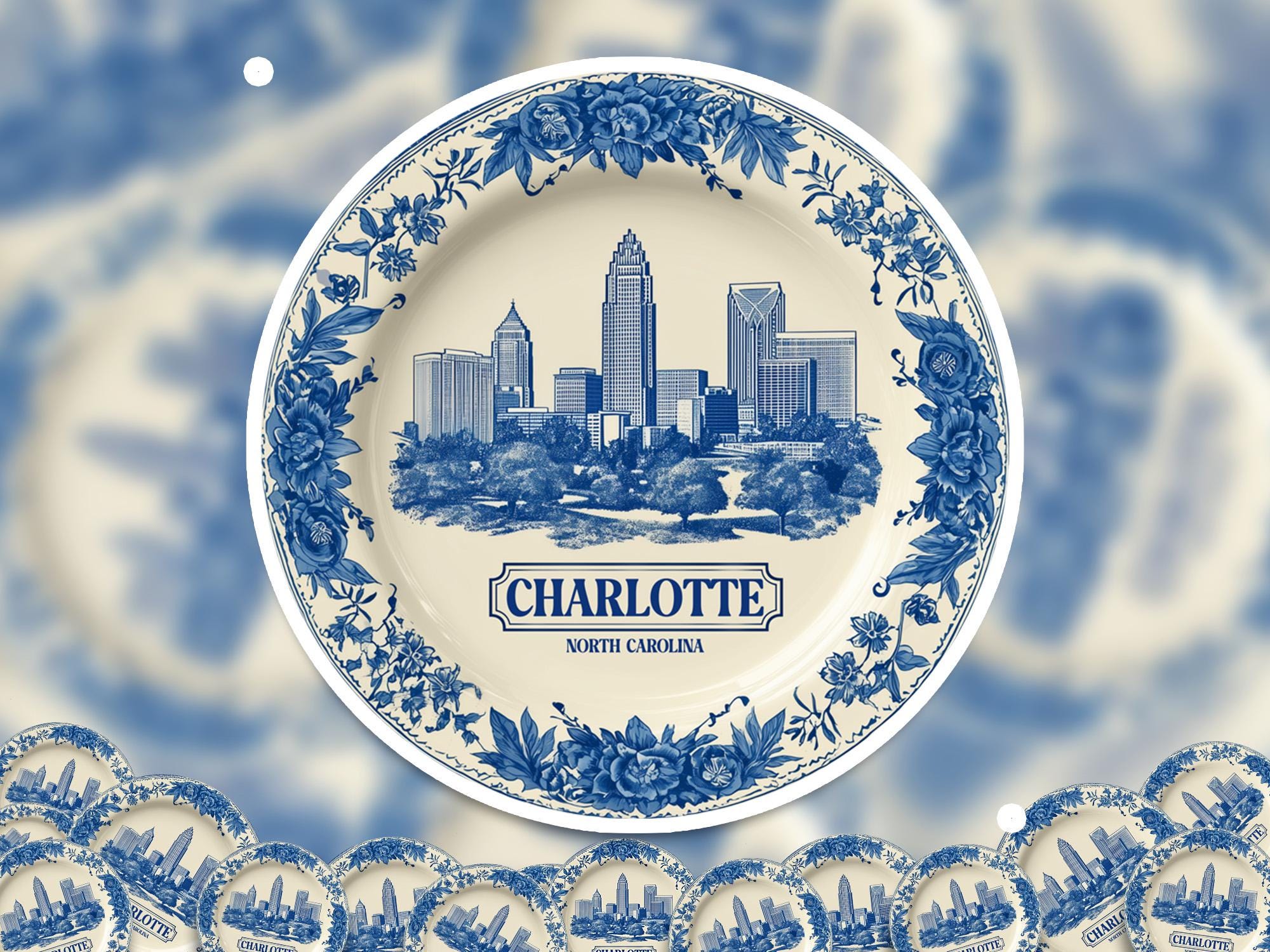 Charlotte North Carolina Sticker Vintage Delft style, Delftware Decal Waterproof Vinyl, Blue Travel USA