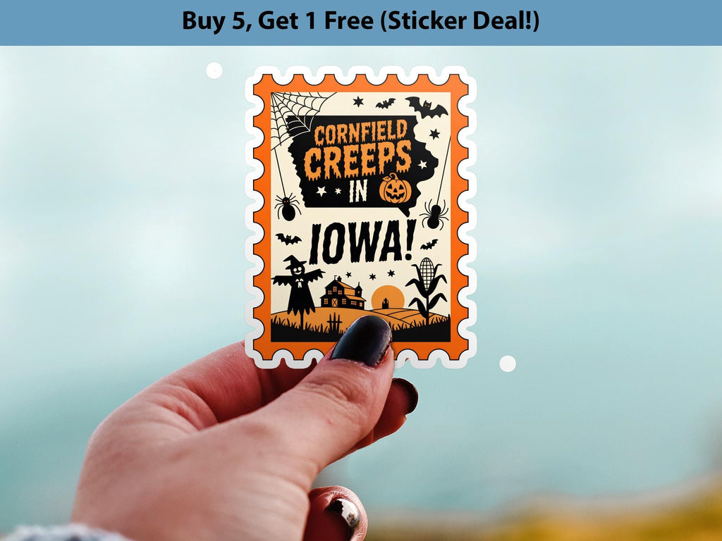 Iowa Stamp Halloween Sticker, Spooky USA Kiss-Cut Vinyl, Waterproof Decal, United States Travel