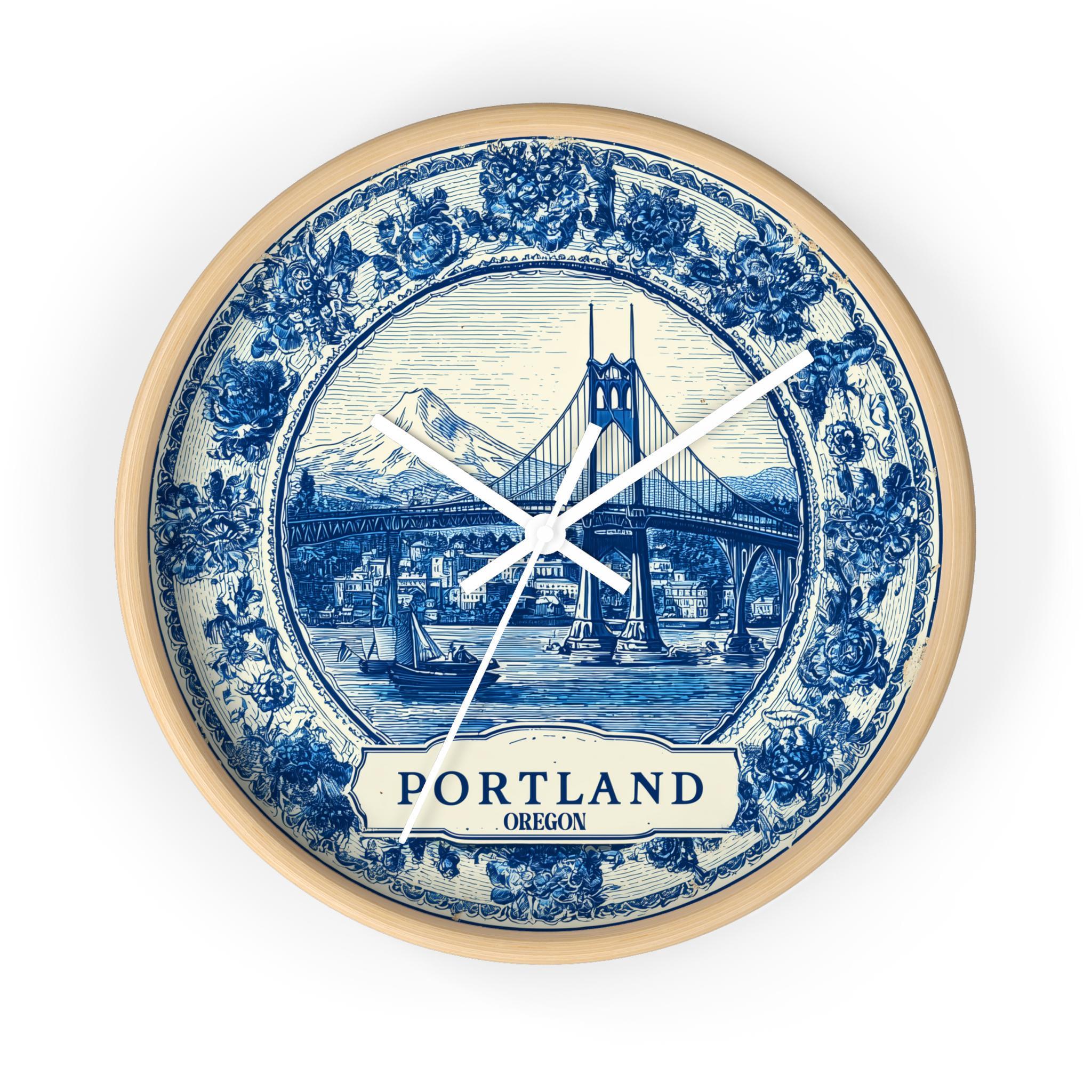 Portland Oregon Wall Clock, Delf style Home Decor, Vintage City Travel Keepsake Art