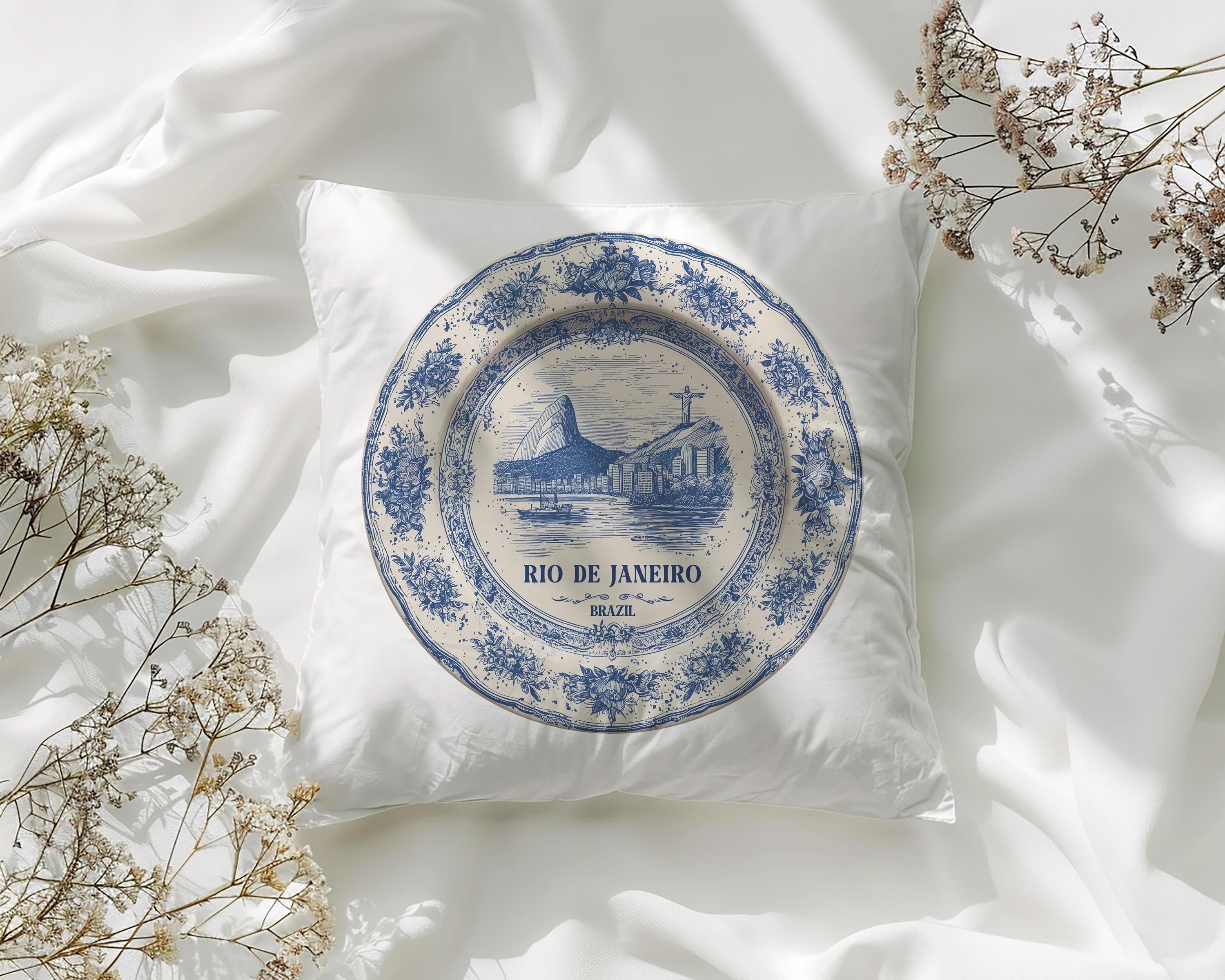 Rio Brazil Pillowcase, Delft Style Decorative Throw Pillow, Vintage Cityscape Retro Home Decor