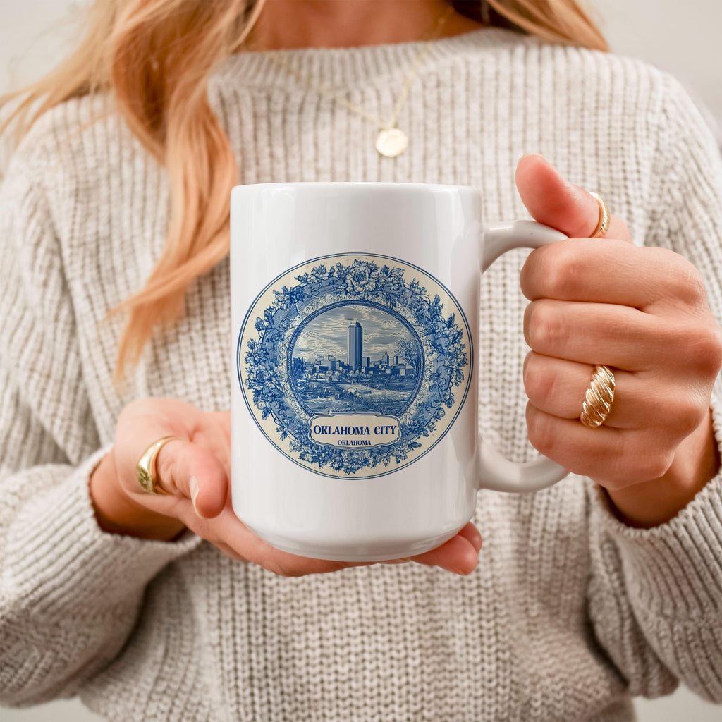 Oklahoma City Mug, Custom Delft Style cup, Personalized Vintage Travel City Gift