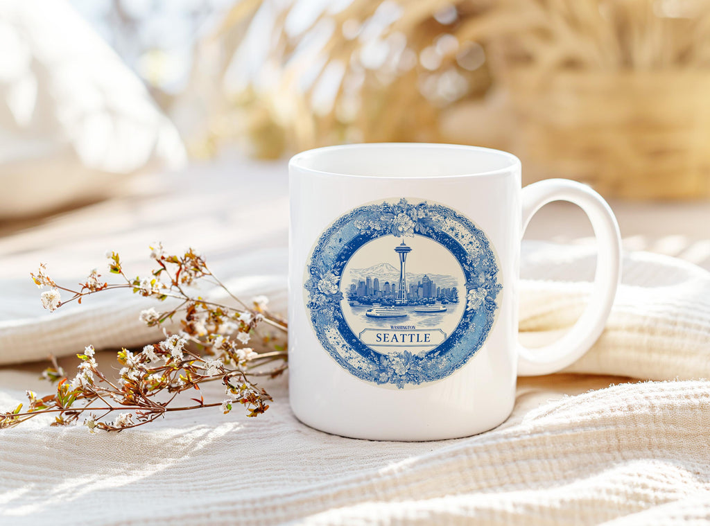 Seattle Washington Mug, Custom Delft Style cup, Personalized Vintage Travel City Gift