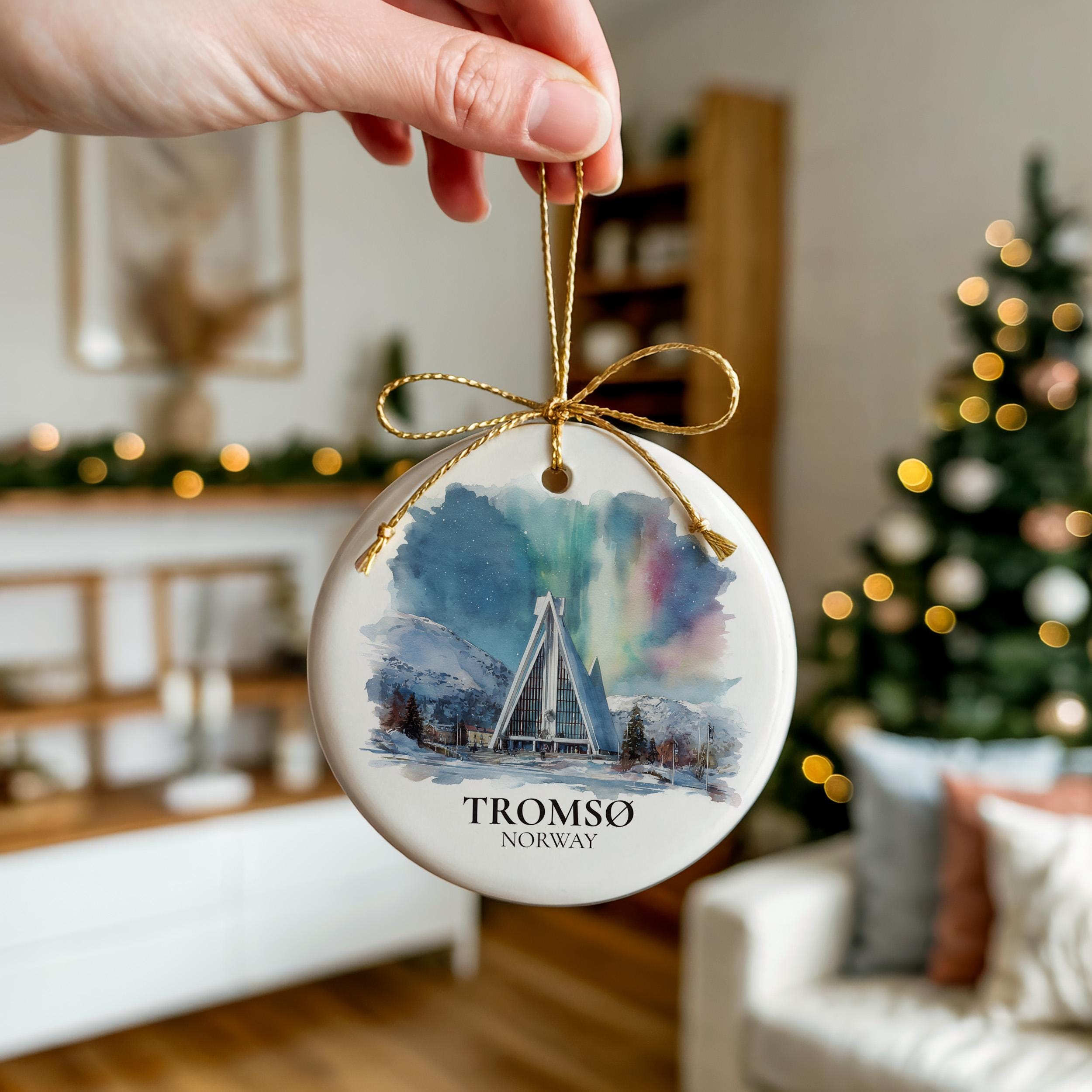 Tromso Norway Custom Watercolor Ornament, Personalized Ceramic Christmas gift, Travel Keepsake