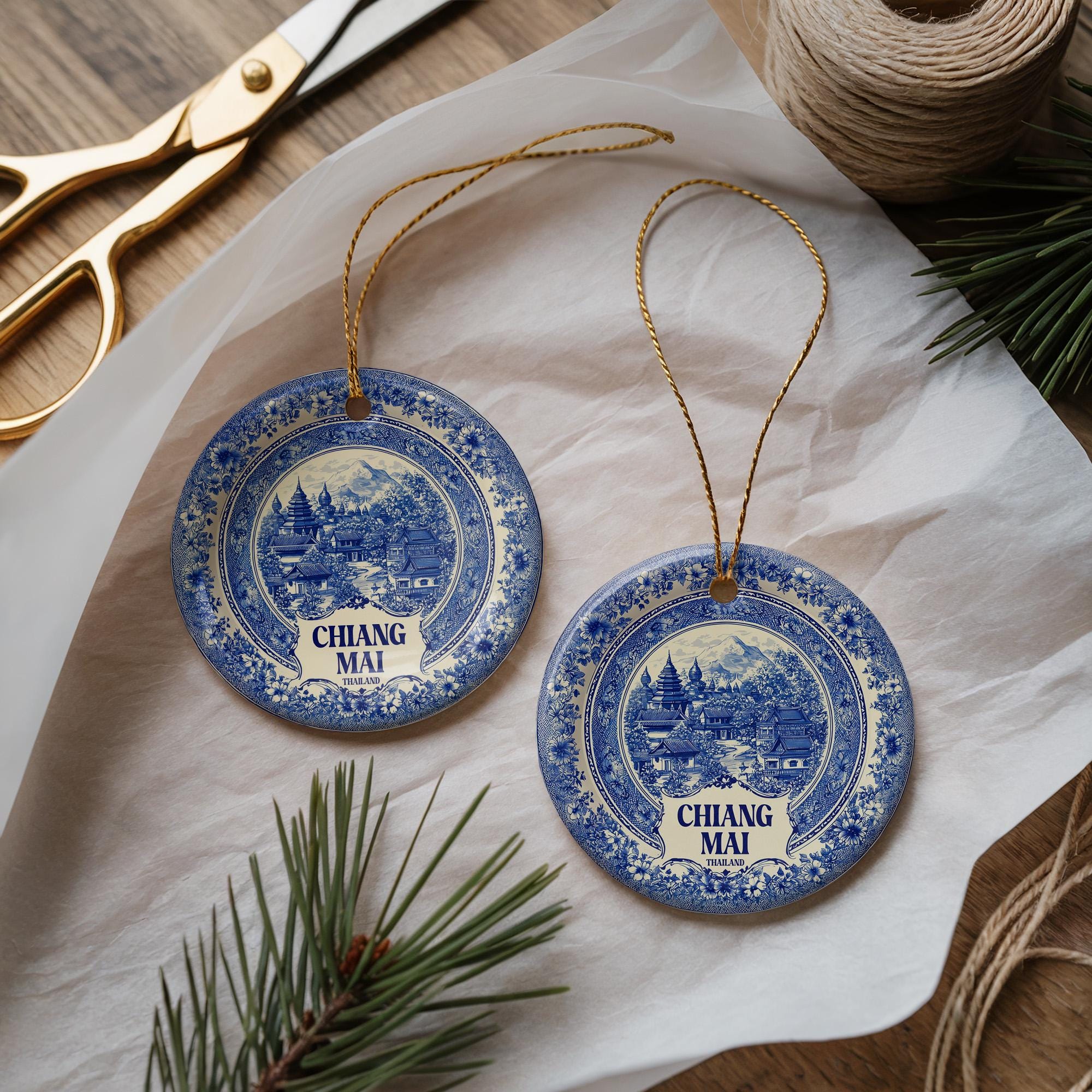 Custom Chiang Mai Thailand Ceramic Delft Ornament, Christmas Delftware Blue Delftware city travel