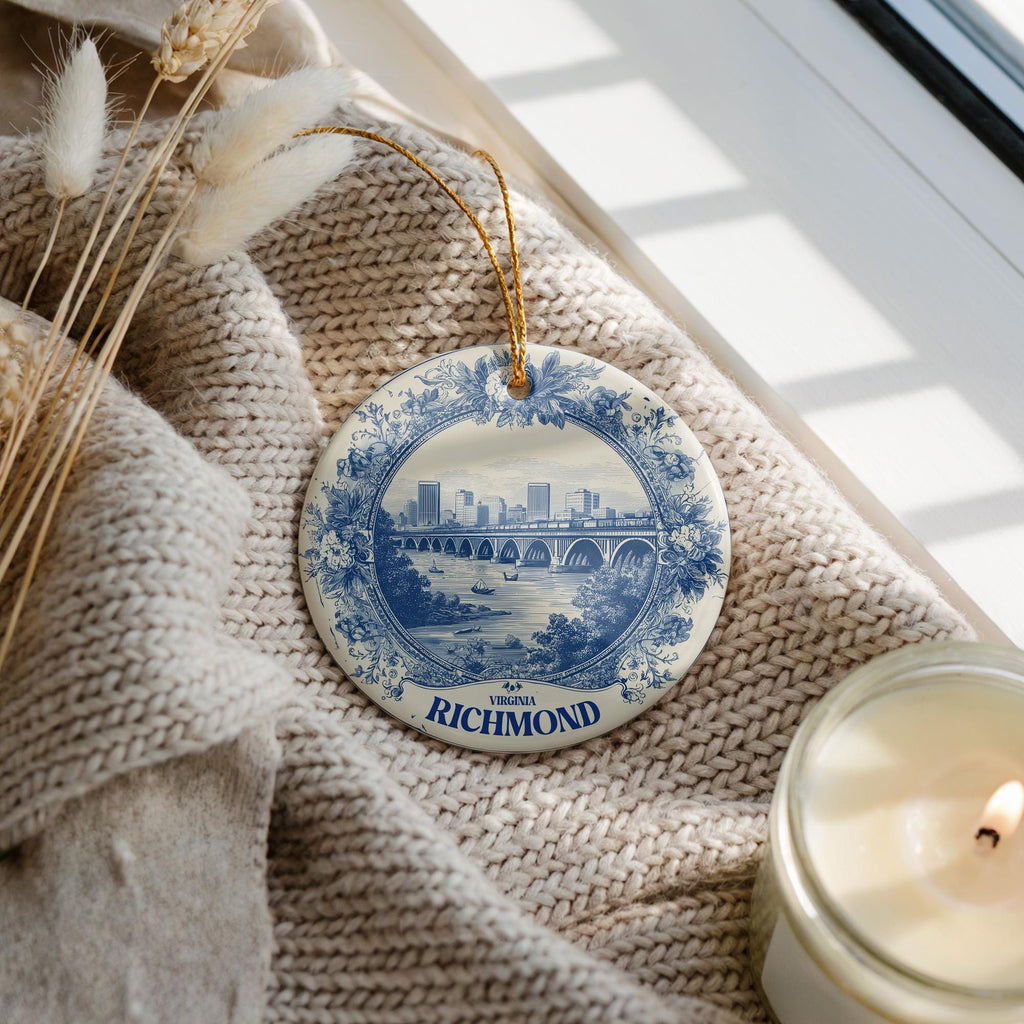Custom Richmond Virginia Ceramic Delft Ornament, Christmas Delftware Blue Delftware city travel