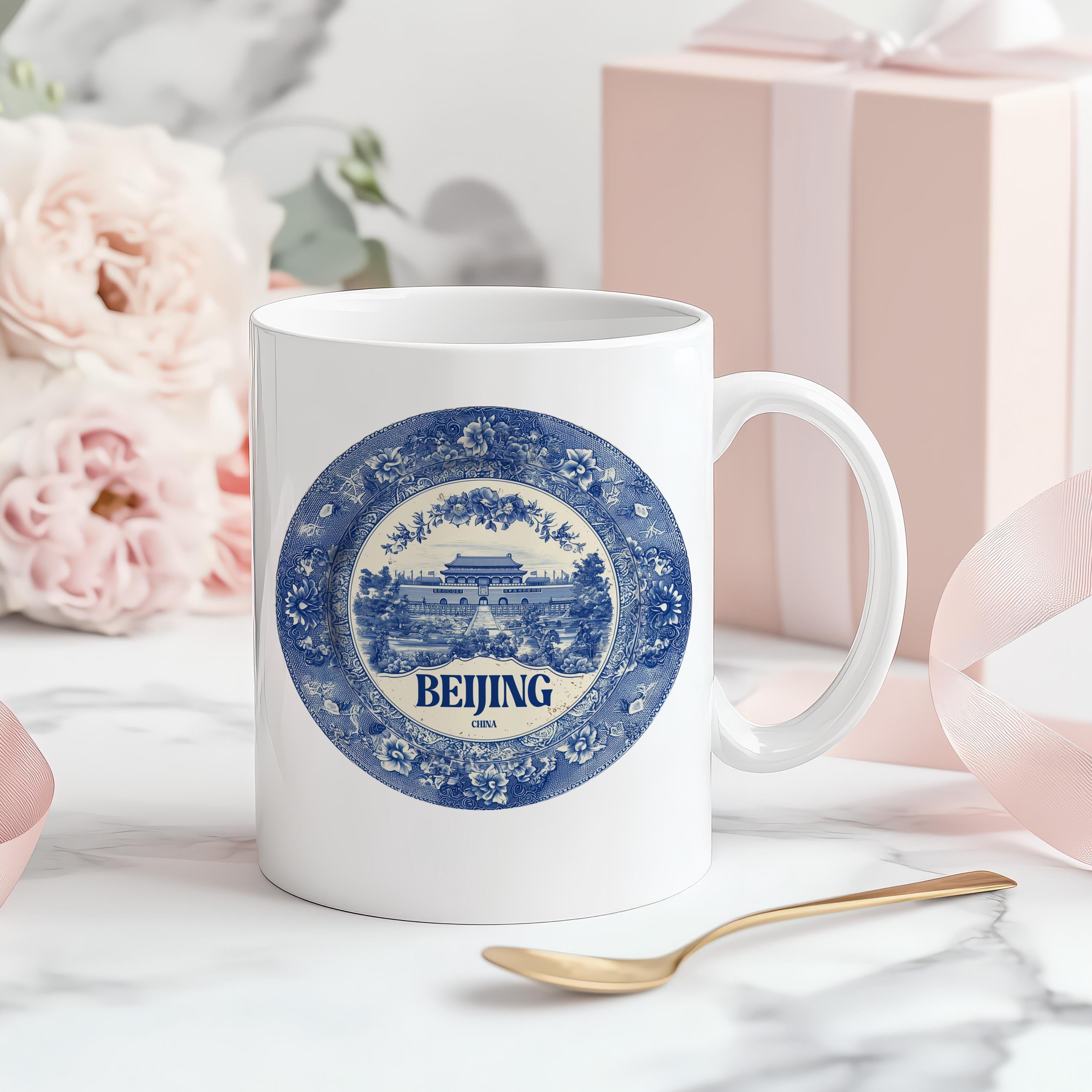 Beijing China Mug, Custom Delft Style cup, Personalized Vintage Travel City Gift