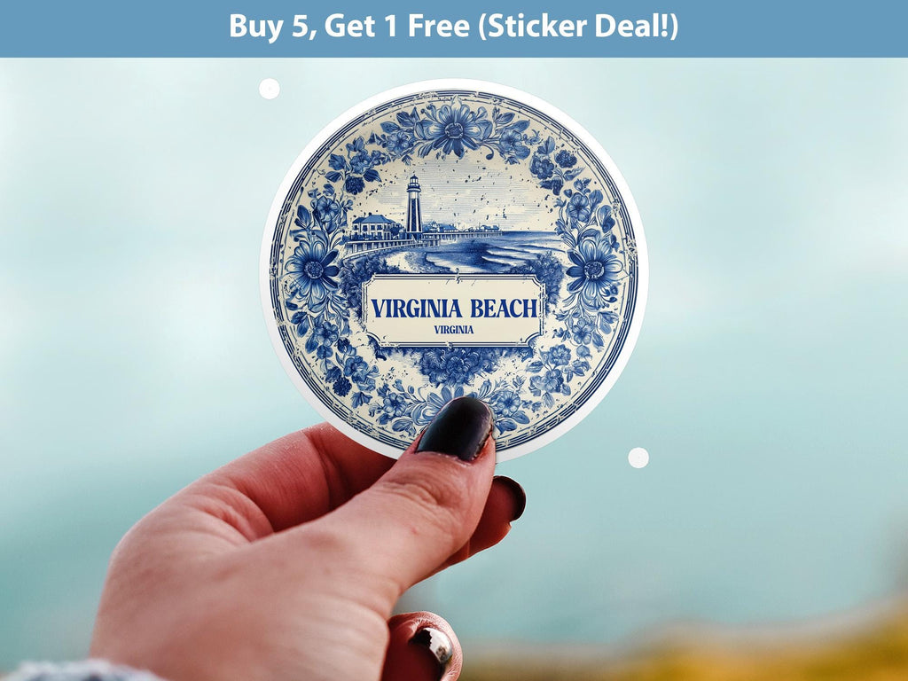 Virginia Beach Virginia Sticker Vintage Delft style, Delftware Decal Waterproof Vinyl, Blue City Travel
