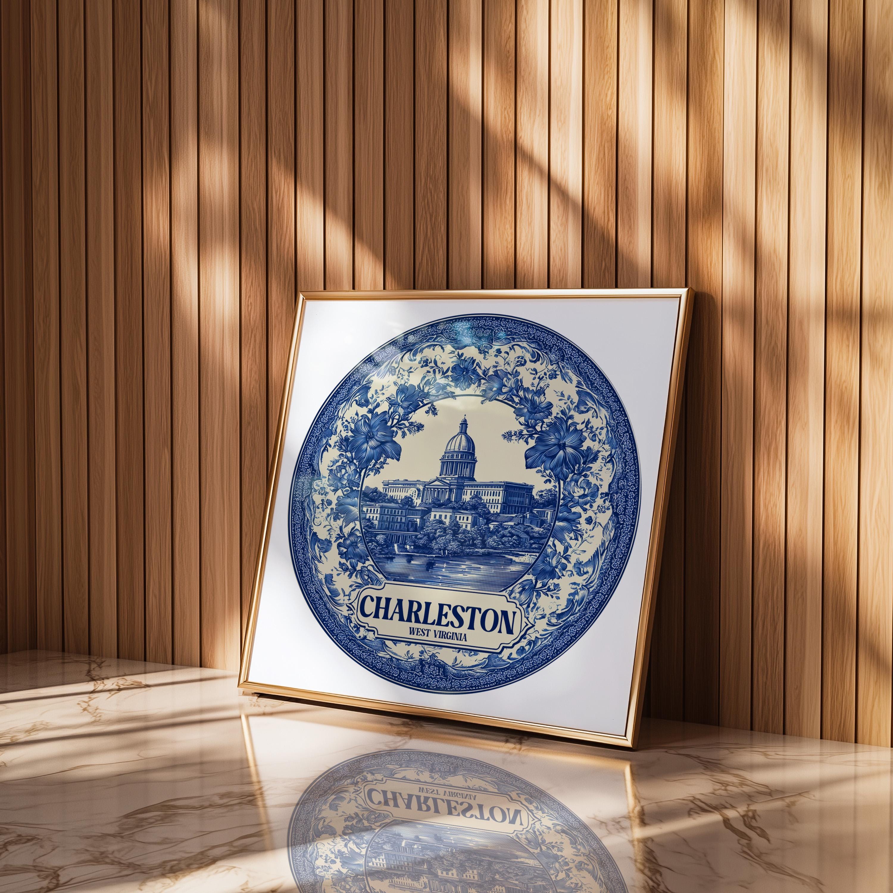 Charleston West Virginia Wall Art, Vintage Delft Blue Poster, City Print, Travel Home Decor