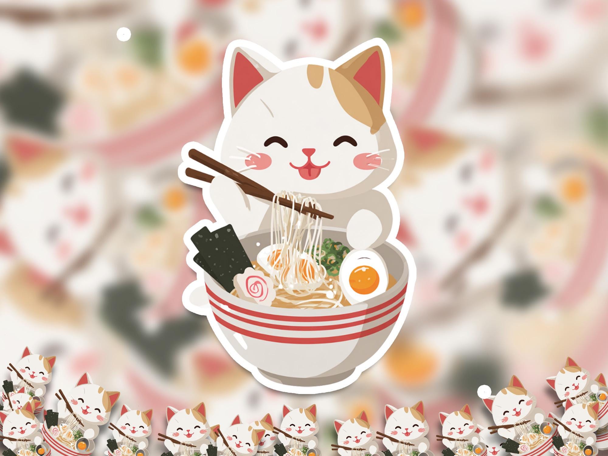 Kawaii Cat Ramen Sticker: Waterproof Vinyl Decal for Laptop & Tumbler