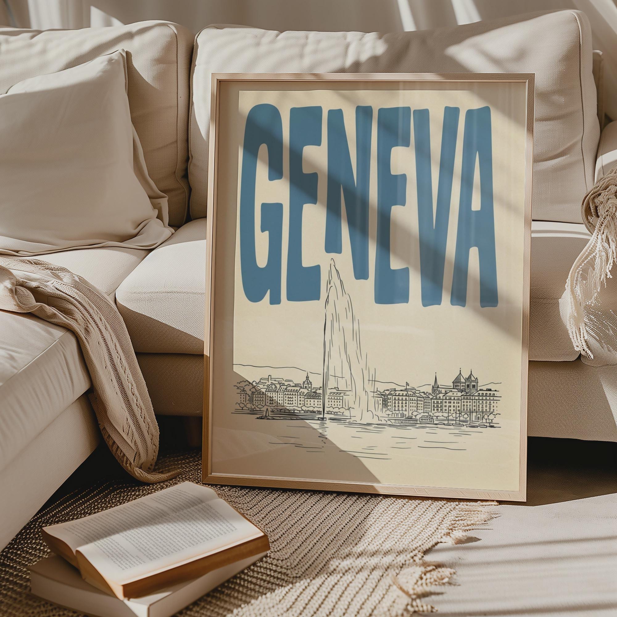 Geneva Switzerland Wall Minimalist Art, Vintage Travel Poster, Framed Canvas Print