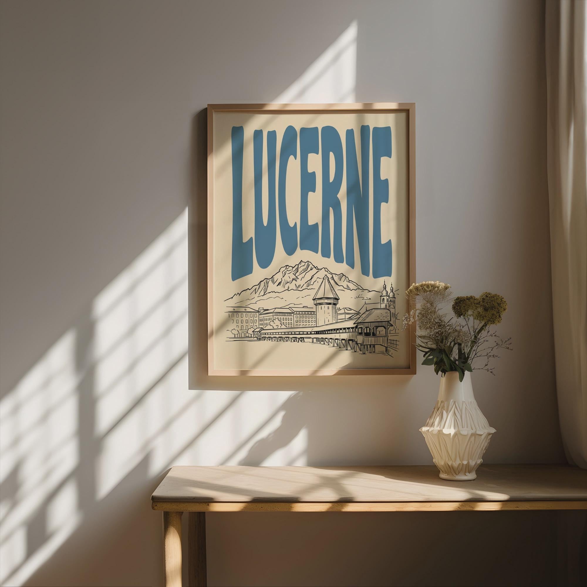 Lucerne Switzerland Wall Art, Framed Canvas Print, Minimalist Travel Decor