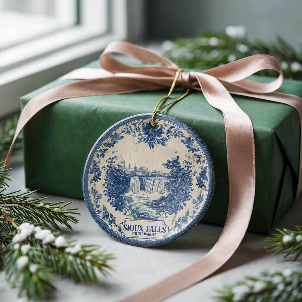 Custom Sioux Falls South Dakota Ceramic Delft Ornament, Christmas Delftware Blue Delftware city travel
