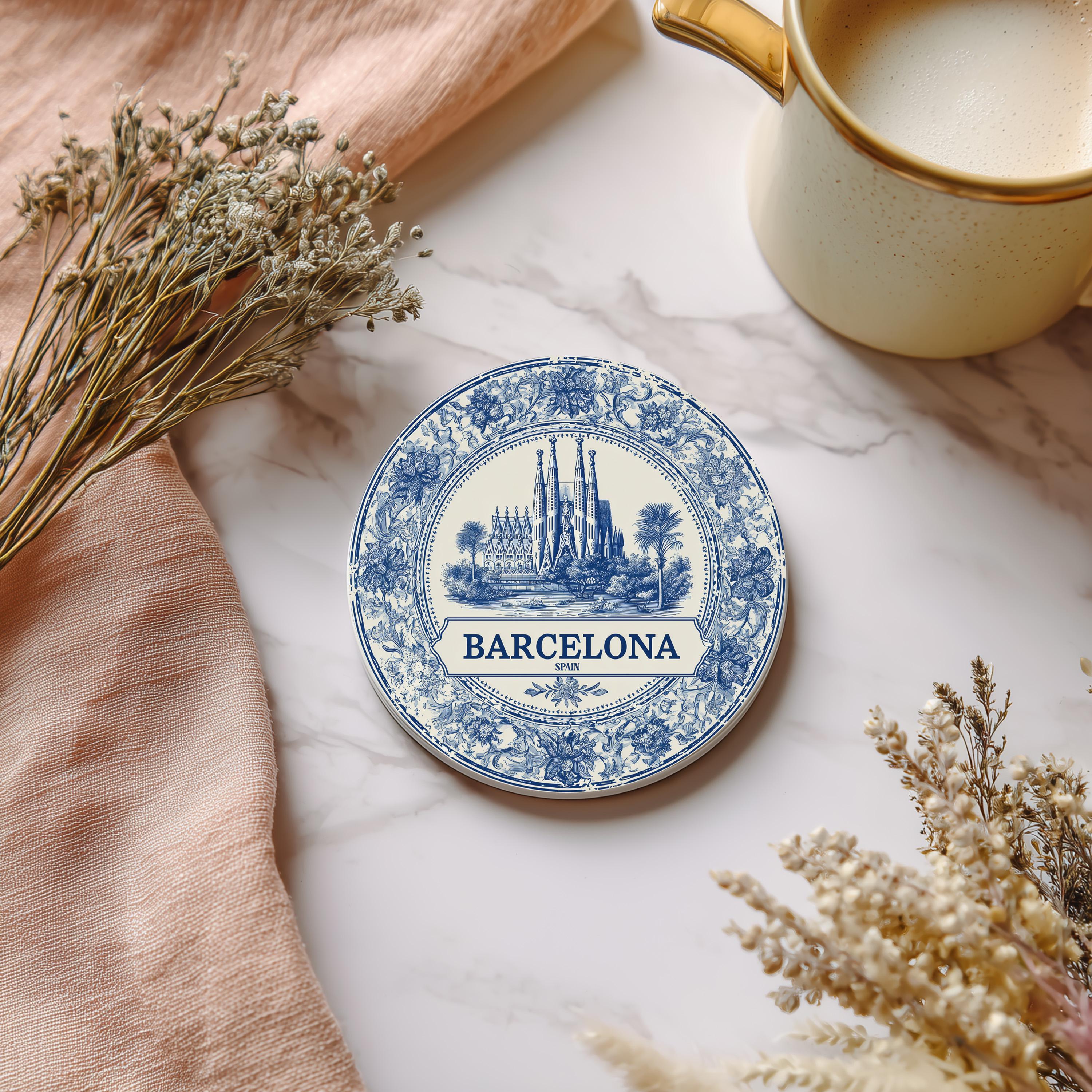 Barcelona Spain Delftware Ceramic Coaster, Blue White Travel Gift, Vintage Home Decor Collectible