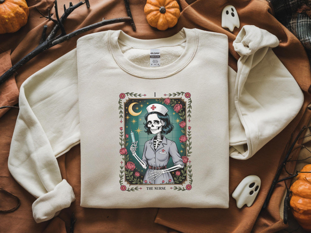 Halloween Nurse Sweatshirt: Gothic Skeleton Tarot Card, Spooky RN Outfit