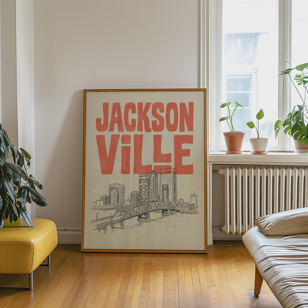 Jacksonville Florida Skyline Minimalist Wall Art, Framed Canvas Print, Retro City Decor