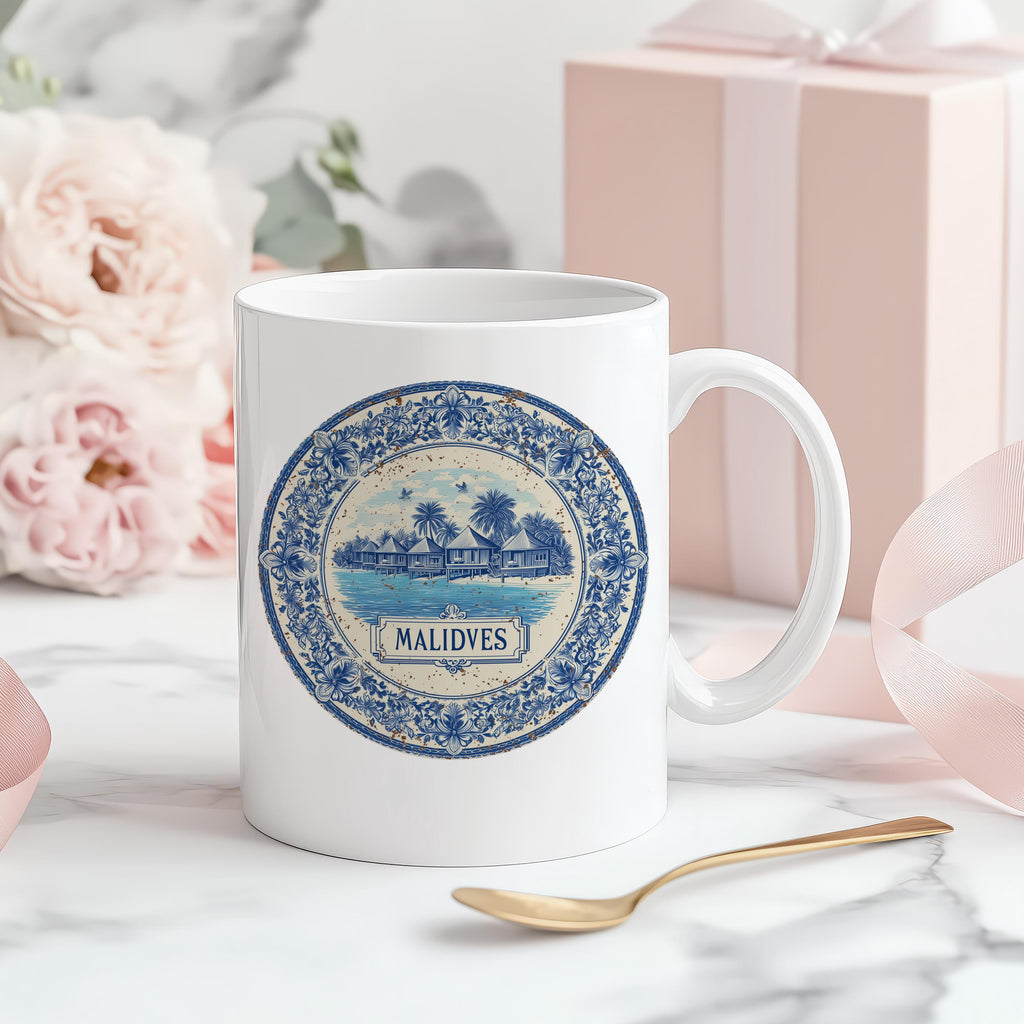 Maldives Mug, Custom Delft Style cup, Personalized Vintage Travel City Gift