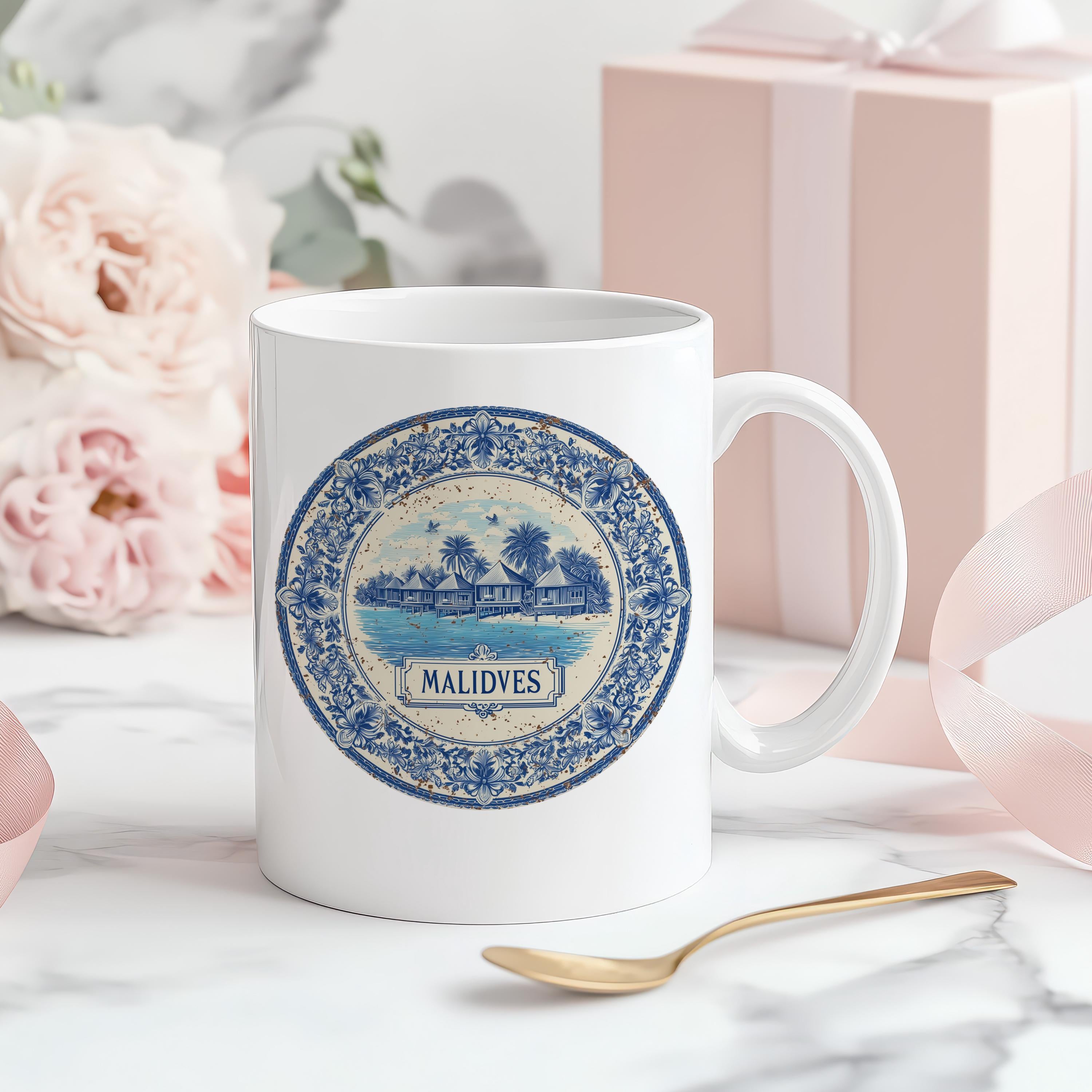 Maldives Mug, Custom Delft Style cup, Personalized Vintage Travel City Gift