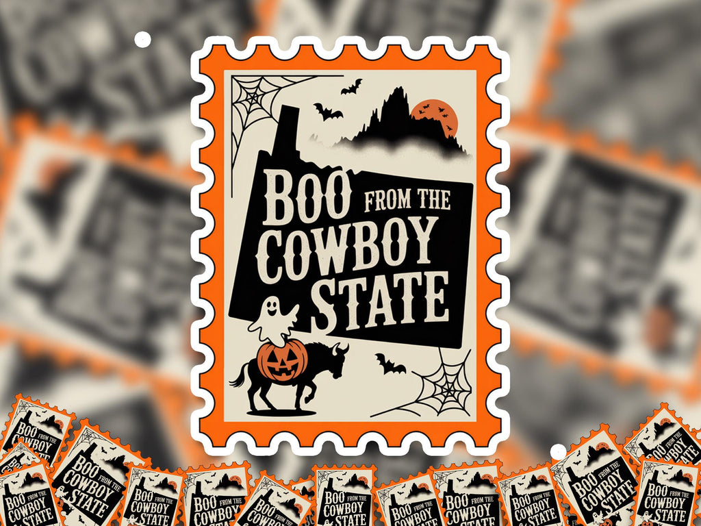 Wyoming Stamp Halloween Sticker, Spooky USA Kiss-Cut Vinyl, Waterproof Decal, United States Travel