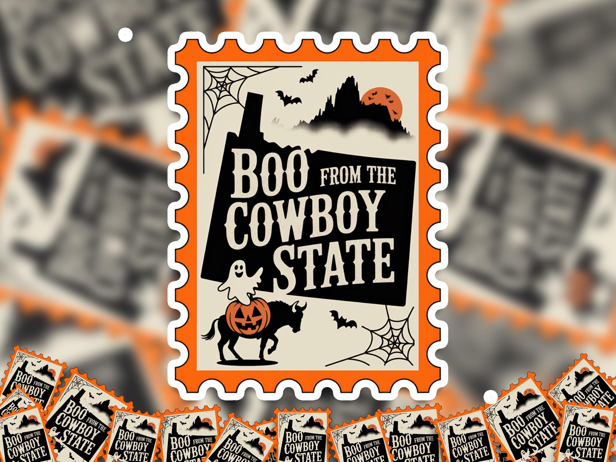 Wyoming Stamp Halloween Sticker, Spooky USA Kiss-Cut Vinyl, Waterproof Decal, United States Travel