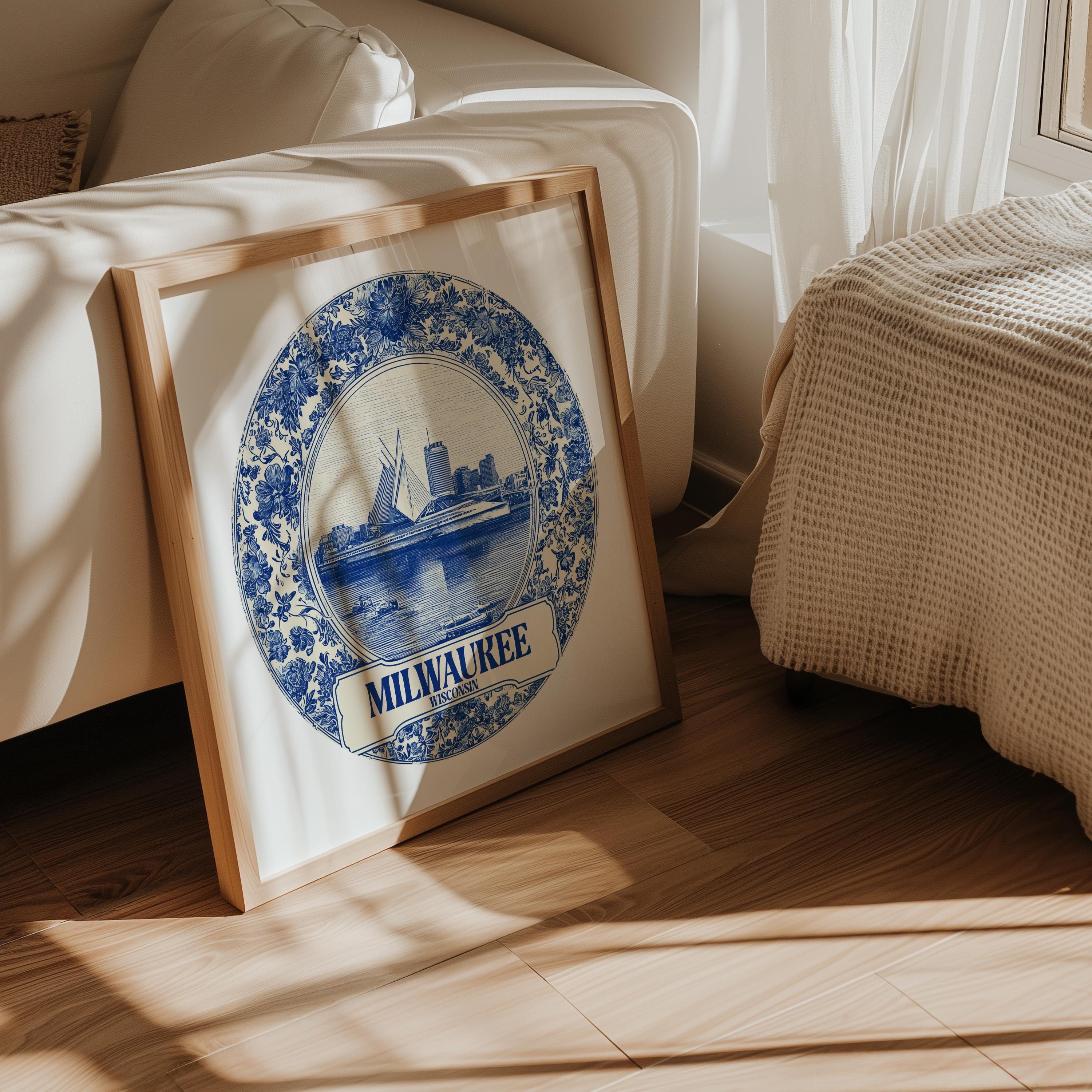 Milwaukee Wisconsin Wall Art, Vintage Delft Blue Poster, City Print, Travel Home Decor