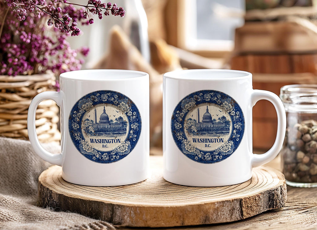 Washington DC Mug, Custom Delft Style cup, Personalized Vintage Travel City Gift