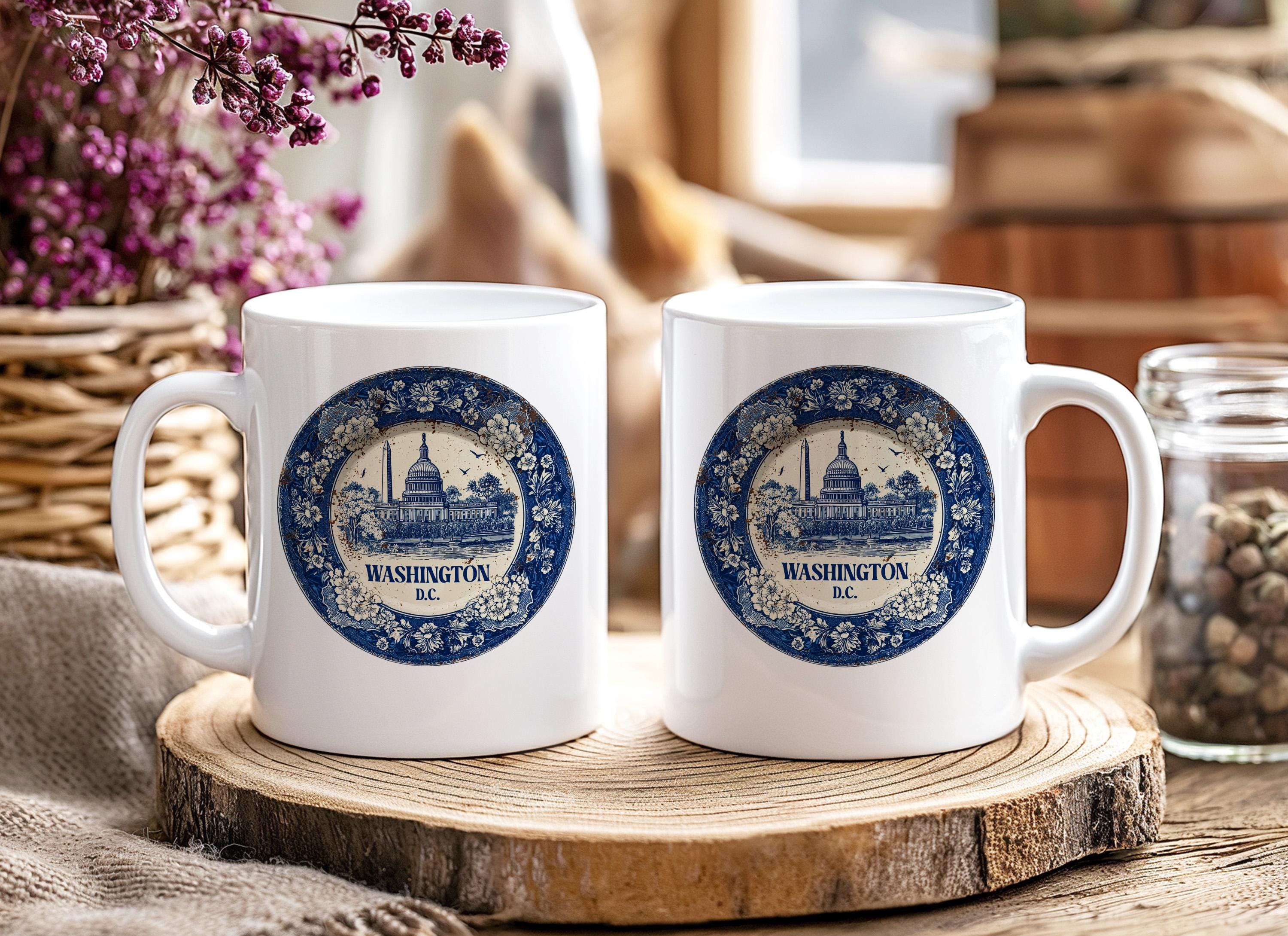 Washington DC Mug, Custom Delft Style cup, Personalized Vintage Travel City Gift