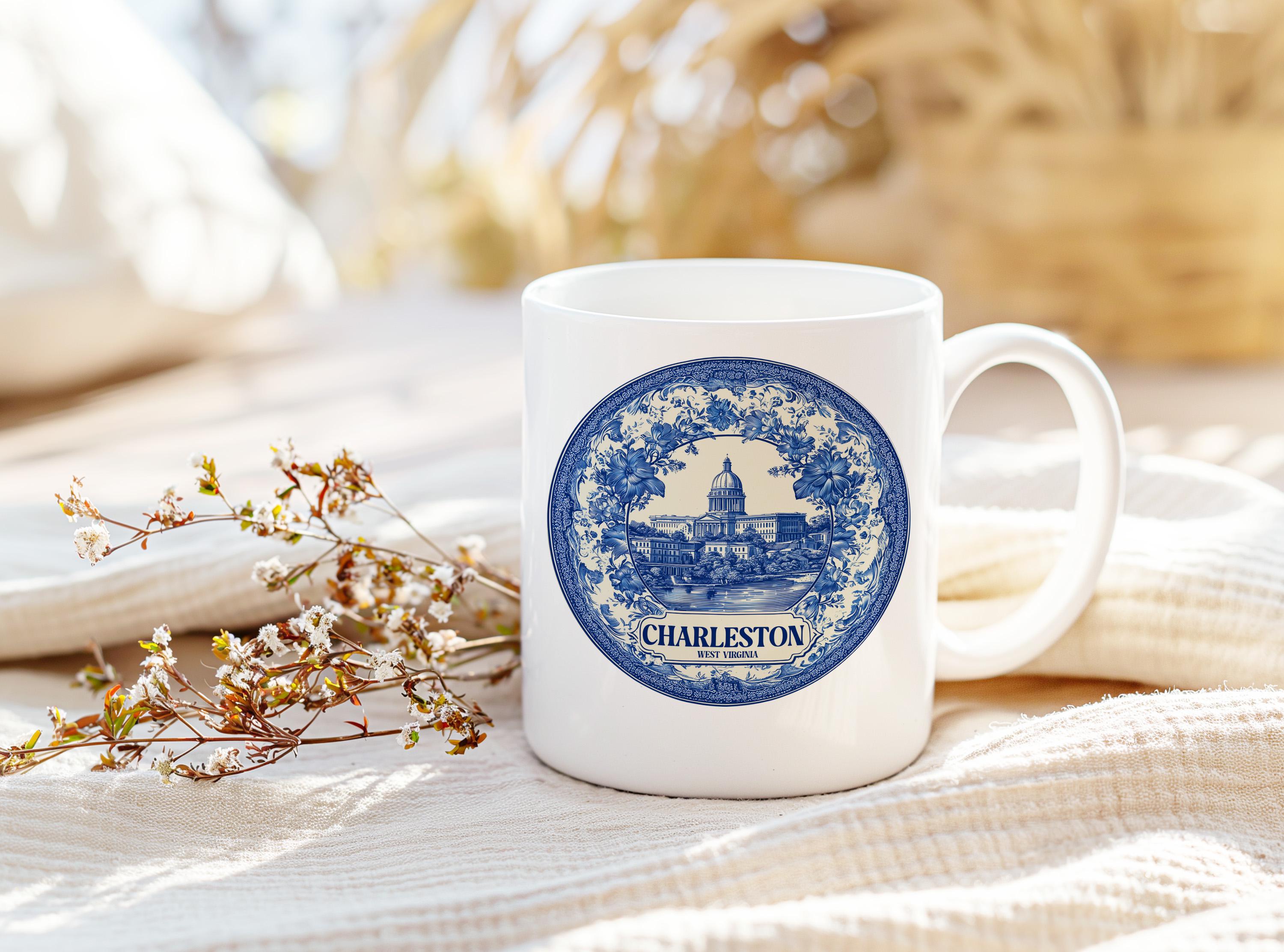 Charleston West Virginia Mug, Custom Delft Style cup, Personalized Vintage Travel City Gift