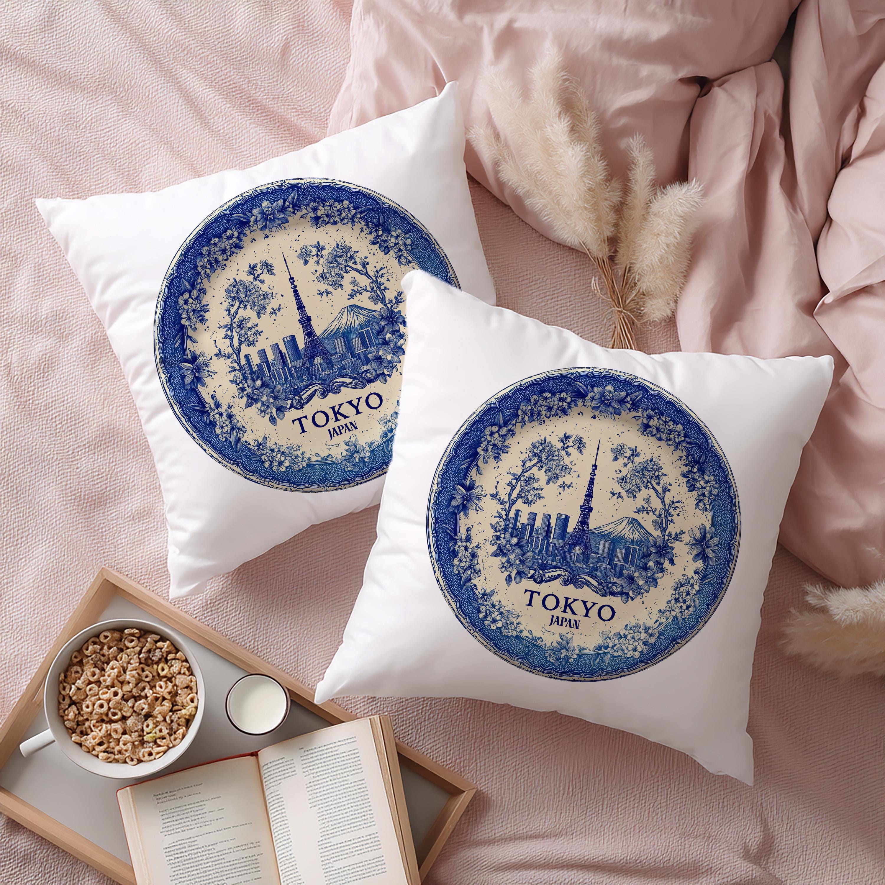 Tokyo Japan Pillowcase, Delft Style Decorative Throw Pillow, Vintage Cityscape Retro Home Decor