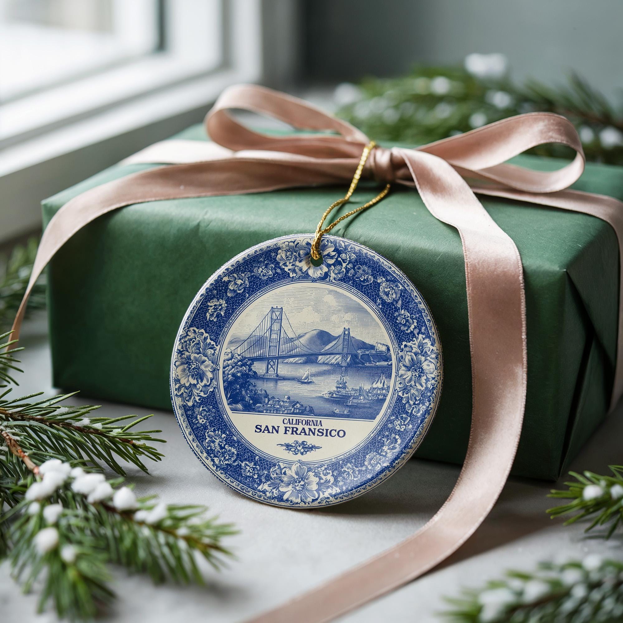 Custom San Francisco California Ceramic Delft Ornament, Christmas Delftware Blue Delftware city travel
